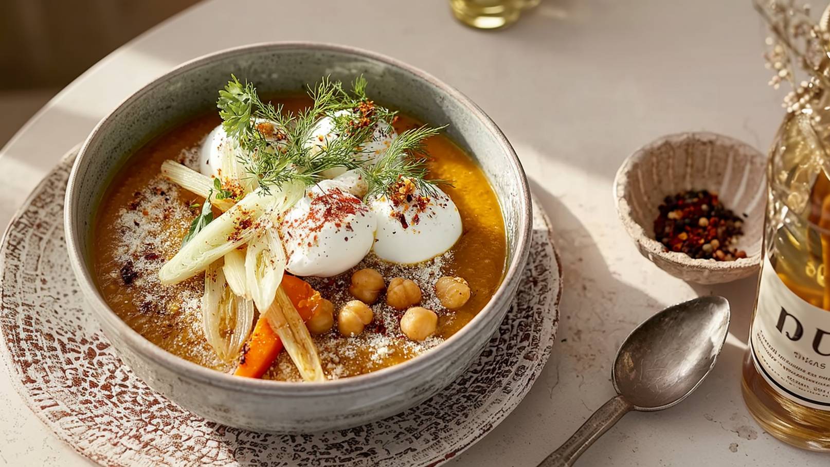 Eine Schüssel mit cremiger Suppe, garniert mit mehreren pochierten Eiern, frischem Dill und feinen Gemüsestücken wie Lauch und Karotten. Dazu sind Kichererbsen und Gewürze sichtbar. Die Suppe steht auf einem dekorativen Teller.