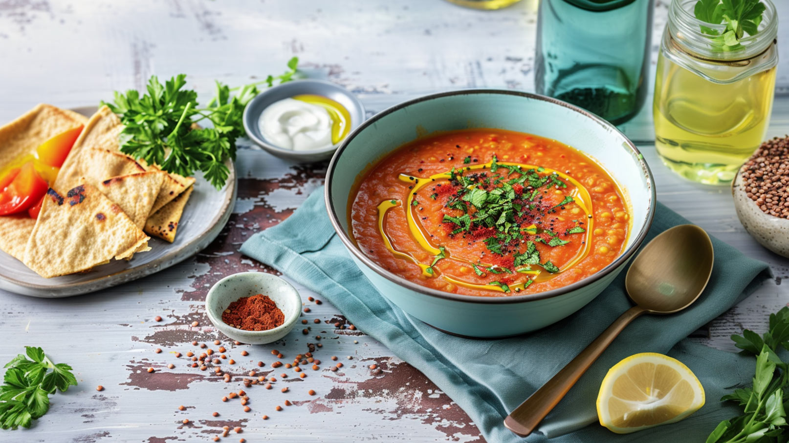 Eine Schüssel mit orangefarbener Suppe, garniert mit frischen Kräutern und einem Schuss Olivenöl. Neben der Suppe liegen knusprige Fladen mit Tomatenstücken und ein kleiner Teller mit Gewürz. Ein Löffel aus Metall und eine Zitronenscheibe sind ebenfalls sichtbar.