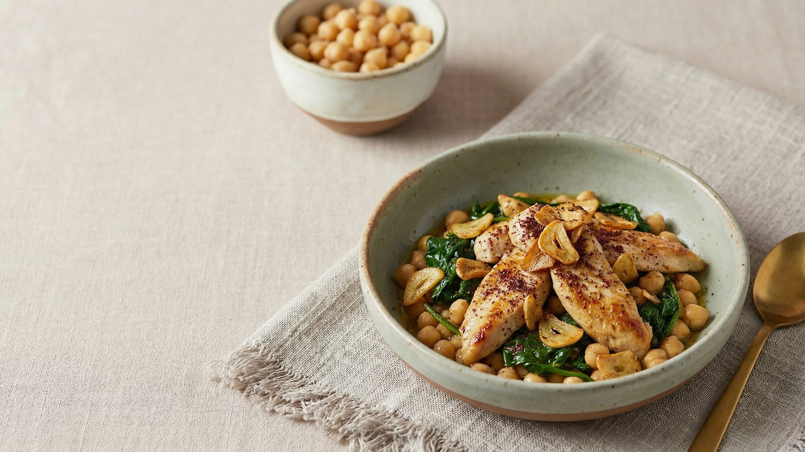 Eine Schüssel mit gebratenem Hähnchen, Spinat und Kichererbsen, garniert mit knusprigem Knoblauch. Die Schüssel ist aus hellem, strukturiertem Material und steht auf einem dezenten Tisch. Daneben befindet sich eine kleinere Schüssel mit Kichererbsen. Ein goldfarbener Löffel liegt neben der Hauptschüssel.