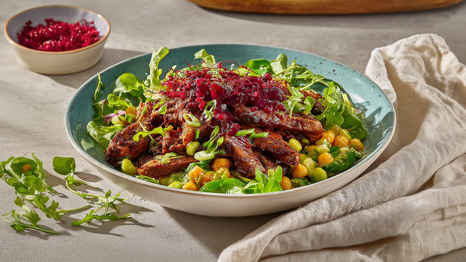 Eine Schüssel mit einem bunten Salat, der frischen grünen Blättern, Kichererbsen und mariniertem Fleisch besteht. Das Gericht ist mit einer auffälligen roten Soße garniert, die für zusätzlichen Geschmack sorgt. Im Hintergrund ist ein kleiner Teller mit weiteren roten Zutaten zu sehen.