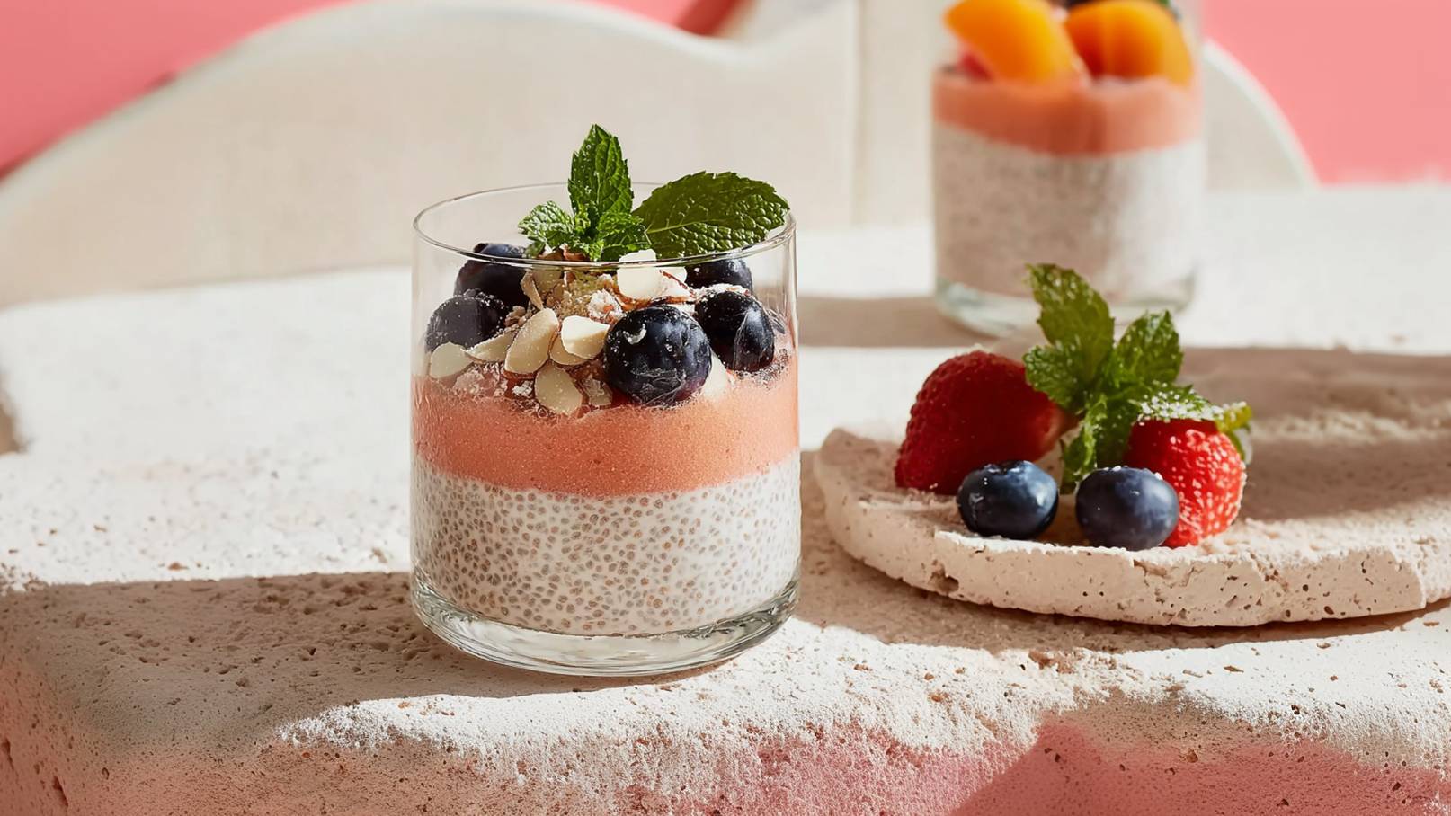 Ein Glas mit Chia-Pudding, geschichtet mit einer fruchtigen Schicht aus pürierten Beeren und verziert mit frischen Heidelbeeren, Mandeln und Minze. Im Hintergrund steht ein weiteres Dessert mit Pfirsichen und Beeren. Der Untergrund ist hell und strukturiert.