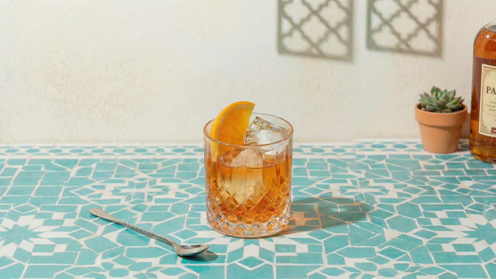 Ein Glas mit einem Getränk, gefüllt mit Eiswürfeln und einer Orangenscheibe, steht auf einem geometrisch gemusterten, türkisfarbenen Tisch. Im Hintergrund sind ein Pflanztopf mit einer Sukkulente und eine Flasche Alkohol zu erkennen.