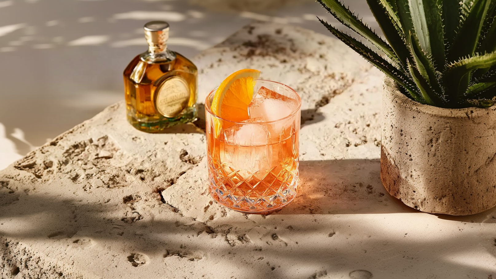 Ein Cocktailglas mit einer orangefarbenen Flüssigkeit und Eiswürfeln steht auf einem groben, hellen Untergrund. Eine Orangenscheibe dekoriert das Glas. Im Hintergrund befindet sich eine Flasche mit goldenem Inhalt und eine Pflanze in einem hellen Topf.