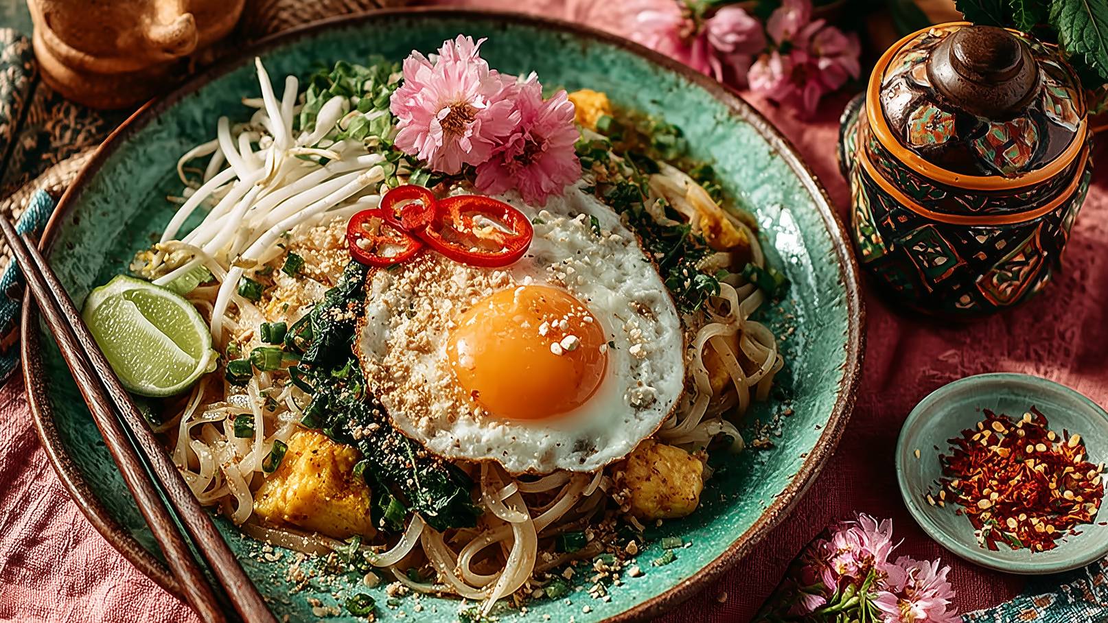 Ein grüner Teller mit asiatischen Nudeln, garniert mit einem Spiegelei, Frühlingszwiebeln und Chili-Scheiben. Daneben liegt eine Limettenscheibe. Die Nudeln sind mit Gemüse und gehackten Erdnüssen verfeinert worden, und es sind einige Blumen sichtbar, die das Gericht dekorieren.
