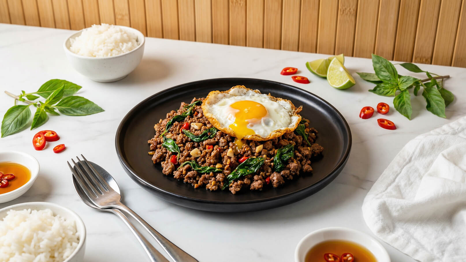 Ein schwarzer Teller mit gebratenem Hackfleisch, bunten Paprika und frischem Basilikum ist im Vordergrund. Darauf liegt ein Spiegelei mit flüssigem Eigelb. Daneben stehen eine Schüssel Dampfreis und eine kleine Schale mit Soße. Gewürzte Chili-Scheiben und Limettenhälften sind dekorativ angeordnet.