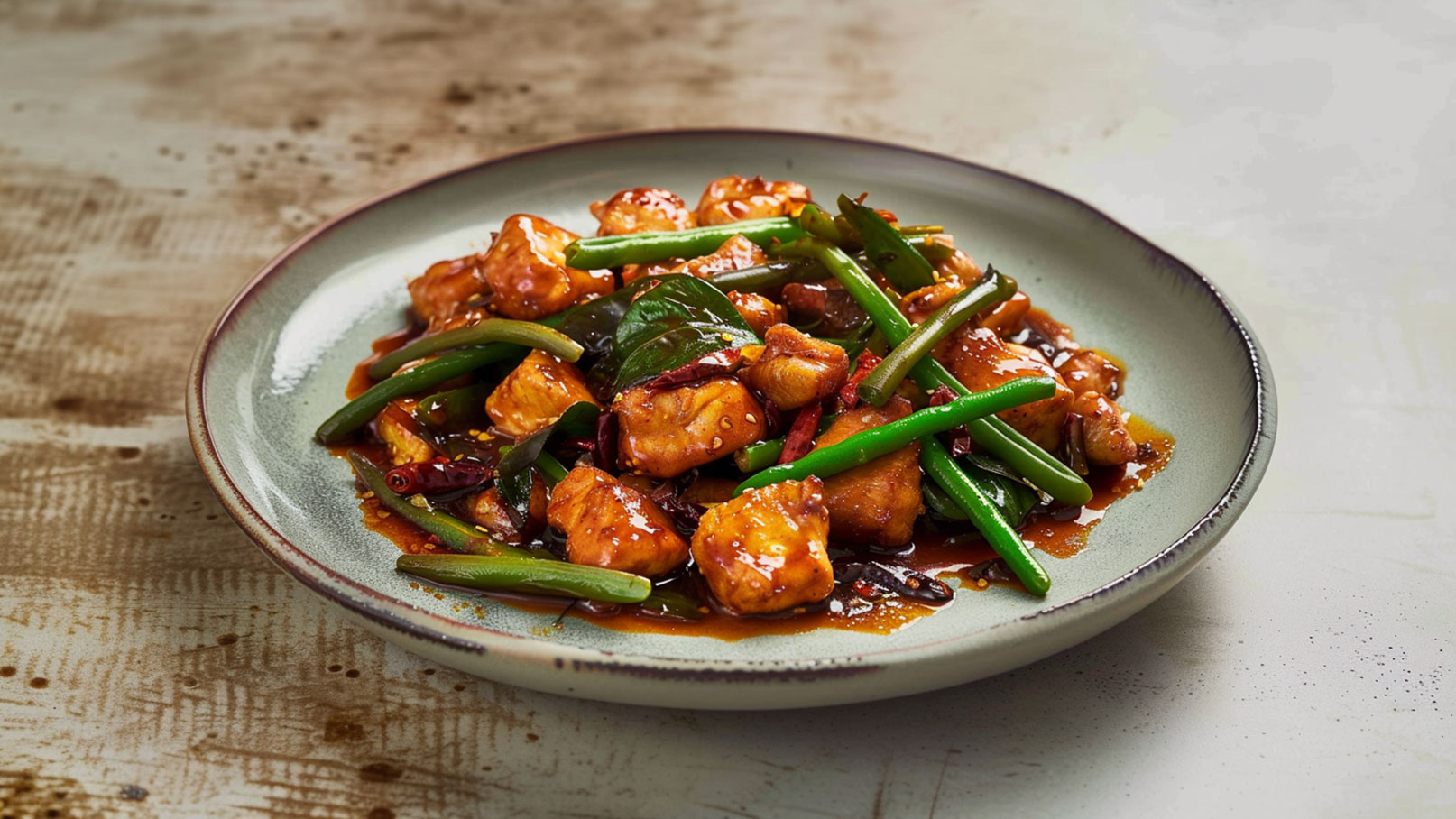 Ein Teller mit gebratenem Hühnchen, umgeben von grünen Bohnen und roten Chilis, in einer glänzenden, würzigen Sauce. Die Farben sind lebhaft und die Zutaten sind sorgfältig angeordnet, was ein appetitliches Gericht vermittelt.