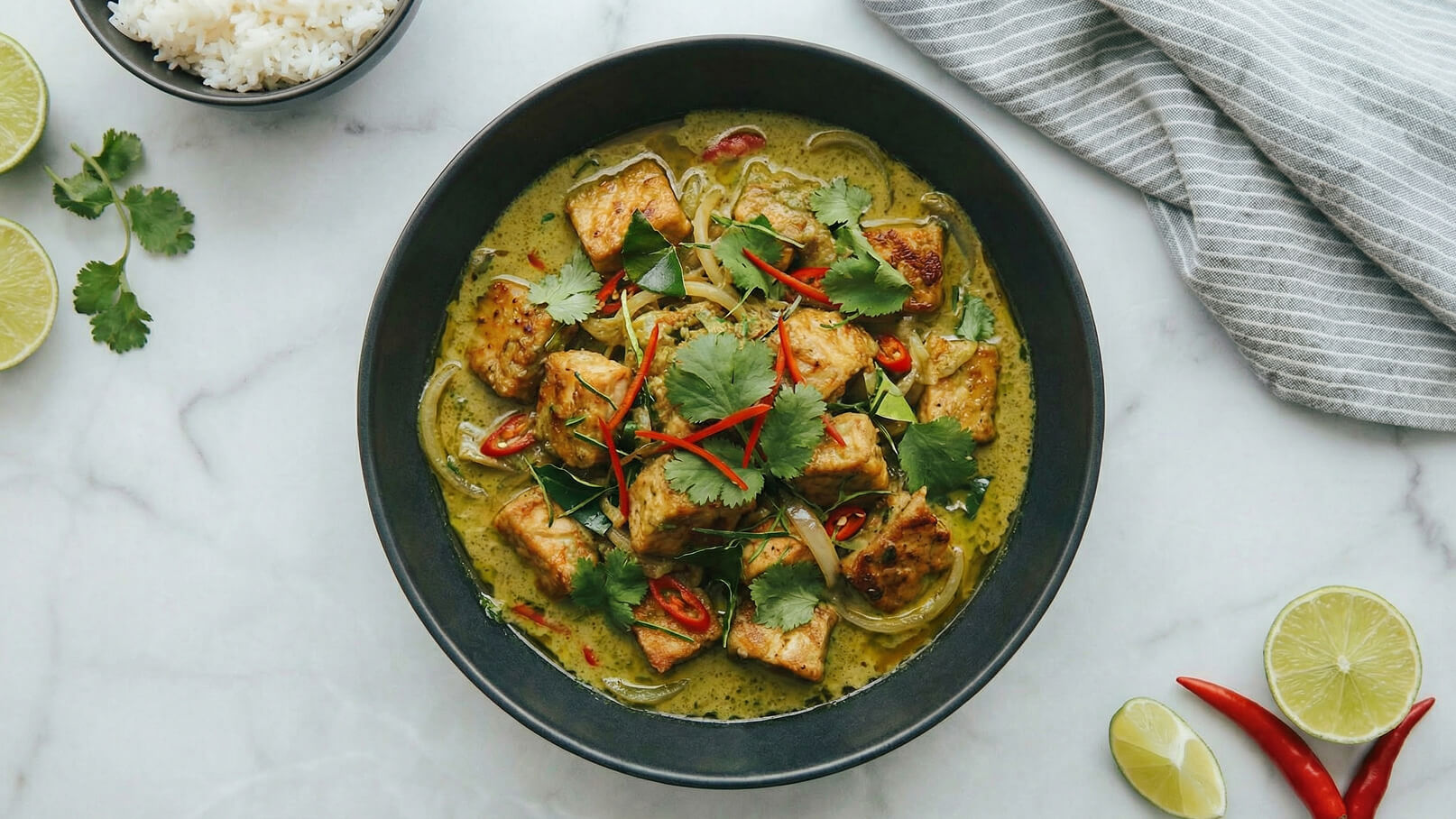 Ein dunkler Teller mit einem grünen Curry, das mit gebratenen Stücken von Tofu, roten Chilischoten und frischem Koriander garniert ist. Neben dem Teller liegen Limettenscheiben und eine Schüssel mit weißem Reis.