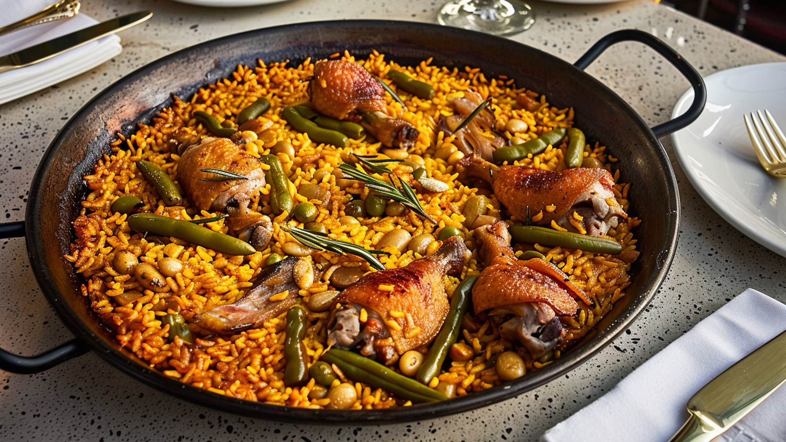Eine Paella in einer schwarzen Pfanne, gefüllt mit goldgelbem Reis, grünen Bohnen und zarten Hähnchenschenkeln. Die Oberfläche ist mit frischen Rosmarinzweigen garniert. Im Hintergrund befinden sich Besteck und ein weißer Teller.