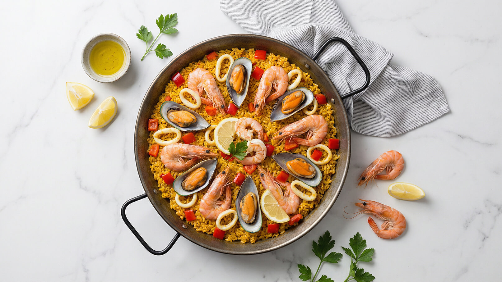 Ein großer Paella-Topf mit gelbem Reis, umgeben von Garnelen, Muscheln und Kalamari. Rote Paprikastücke und Zitronenscheiben sind ebenfalls dekorativ angeordnet. Olivenöl und Petersilie sind zur Seite gelegt.