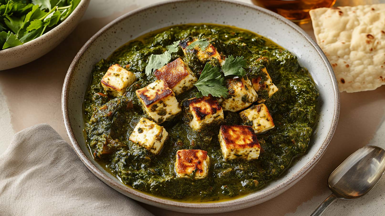 Ein Teller mit Spinatgericht, das mit gebratenem Paneer garniert ist. Das grüne Gericht wird von frischen Kräutern begleitet. Daneben liegt ein Stück Fladenbrot.