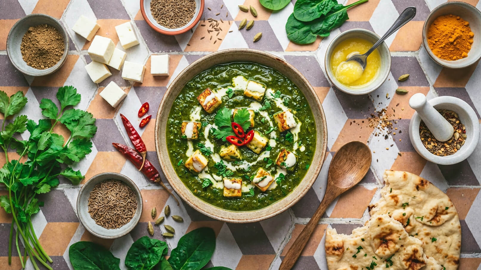 Eine Schüssel mit grünem Spinat-Curry, garniert mit Würfeln von gebratenem Käse, frischen Kräutern und einem hübschen Muster aus Joghurt und rote Chilischoten. Daneben sind verschiedene Gewürze, frisches Gemüse und Stücke von Fladenbrot arrangiert.