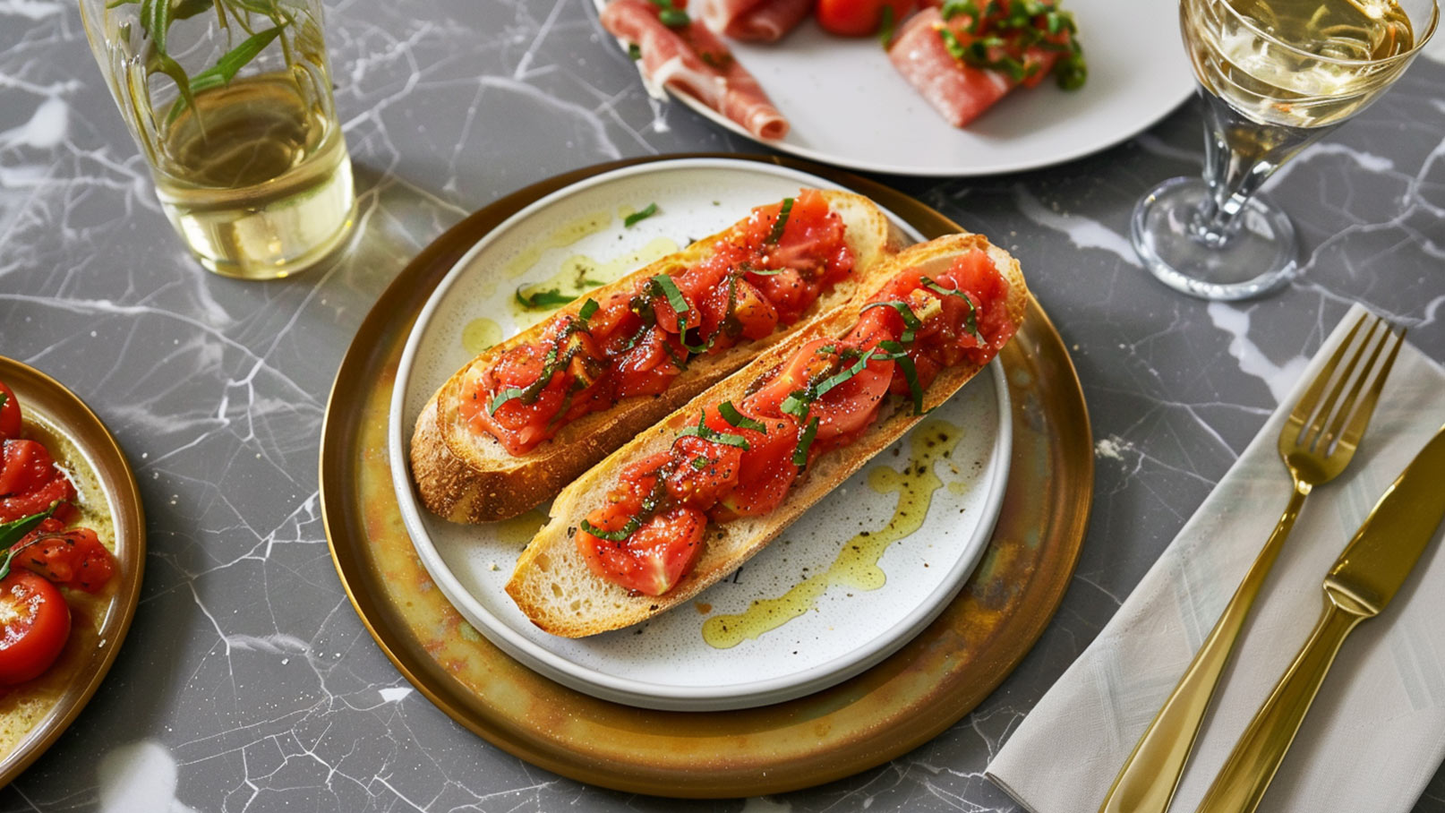 Ein Teller mit zwei Scheiben geröstetem Brot, belegt mit würzigem, gehacktem Tomatenbelag und frischen Kräutern. Daneben ein Glas Weißwein und eine Portion geschnittener Tomaten. Der Tisch hat eine marmorierte Oberfläche.