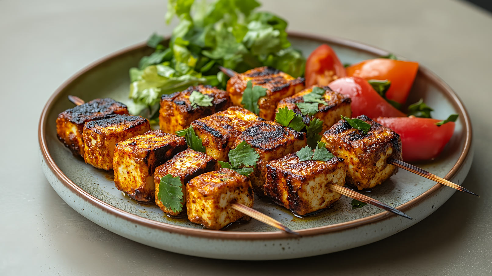 Ein Teller mit gegrilltem Tofu, gewürzt und auf Spießen serviert. Umgeben von frischem Salat und Tomatenscheiben, garniert mit Korianderblättern. Die Tofu-Stücke sind goldbraun und zeigen appetitliche Grillmarkierungen.