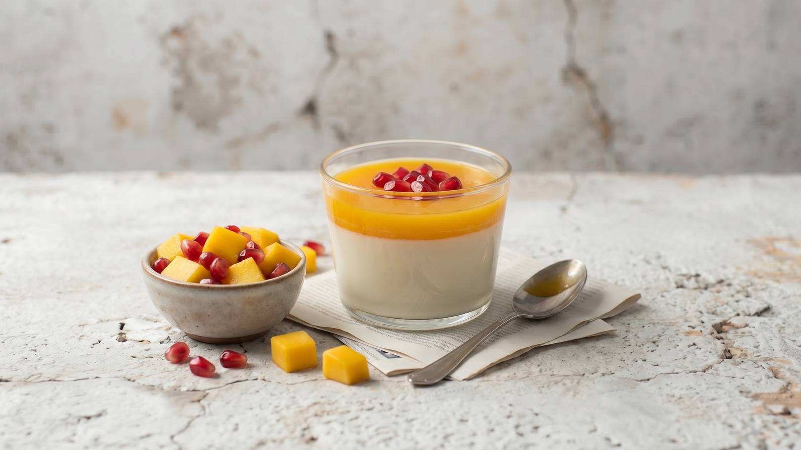 Ein Glas Mango-Panna-Cotta mit rotem Granatapfel-Topping steht auf einem Tisch. Neben dem Glas befindet sich eine kleine Schüssel mit gewürfeltem Mango und Granatapfelkernen. Eine Teelöffel liegt auf einem Untersetzer aus Papier.