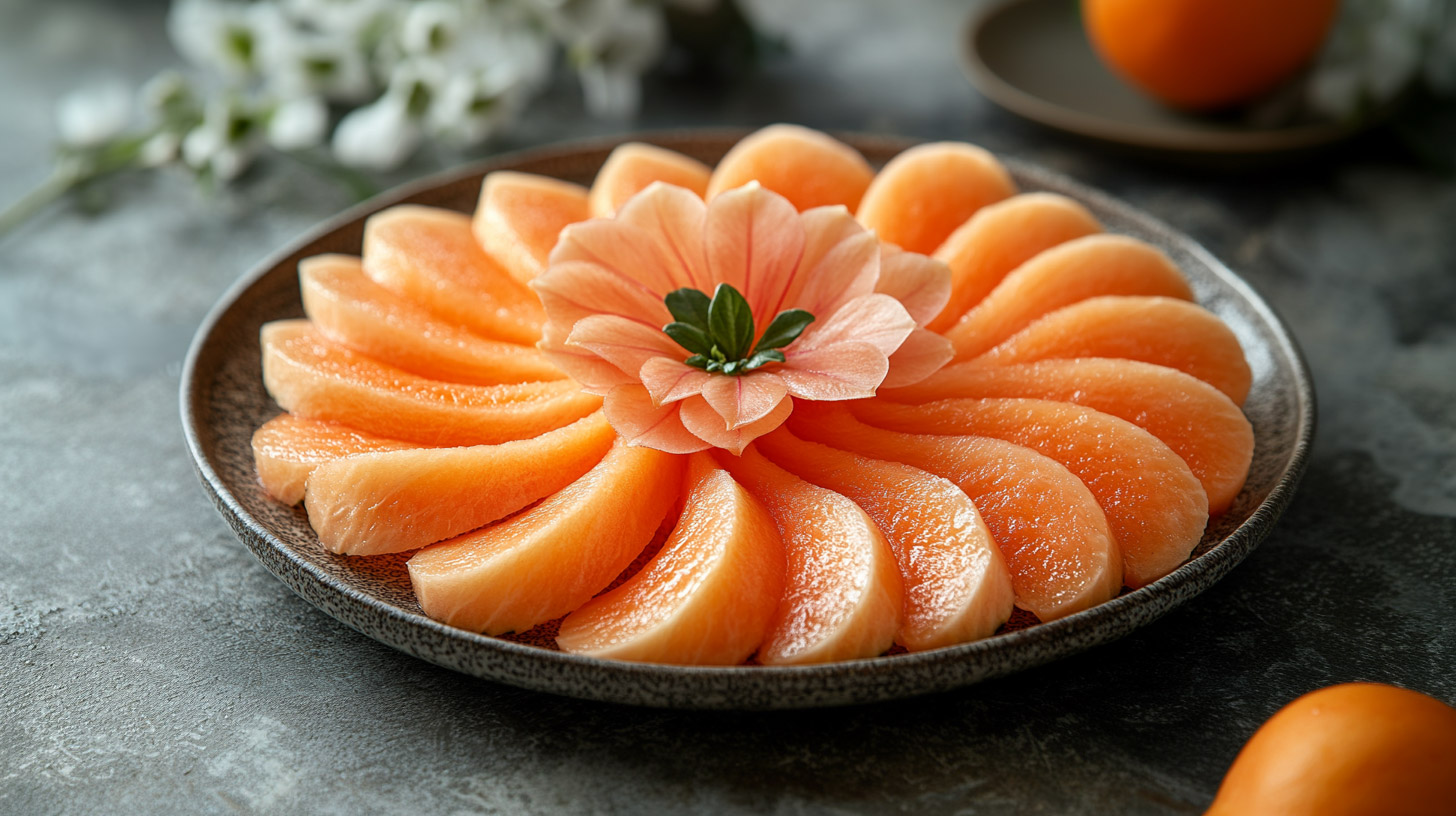 Ein runder Teller präsentiert kunstvoll angeordnete, saftige Melonenscheiben, die in Form einer Blüte angeordnet sind. In der Mitte befindet sich eine dekorative Blume mit grünen Blättern. Der Teller wird von einem neutralen Hintergrund umgeben.