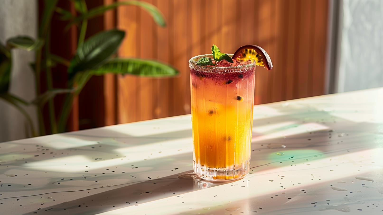 Zwei Gläser mit einem erfrischenden, gelben Getränk, das mit Passionsfruchtkernen angereichert ist, stehen auf einem hellen Tisch. Neben den Gläsern liegt eine halbierte Passionsfrucht und ein paar frische Minzblätter.