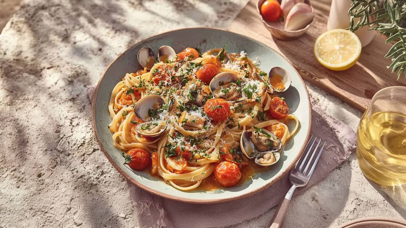 Ein Teller mit Linguine, garniert mit frischen Tomaten, Muscheln und Petersilie. Das Gericht strahlt eine appetitliche Atmosphäre aus, umgeben von einem sanften Licht und einem Glas Weißwein.