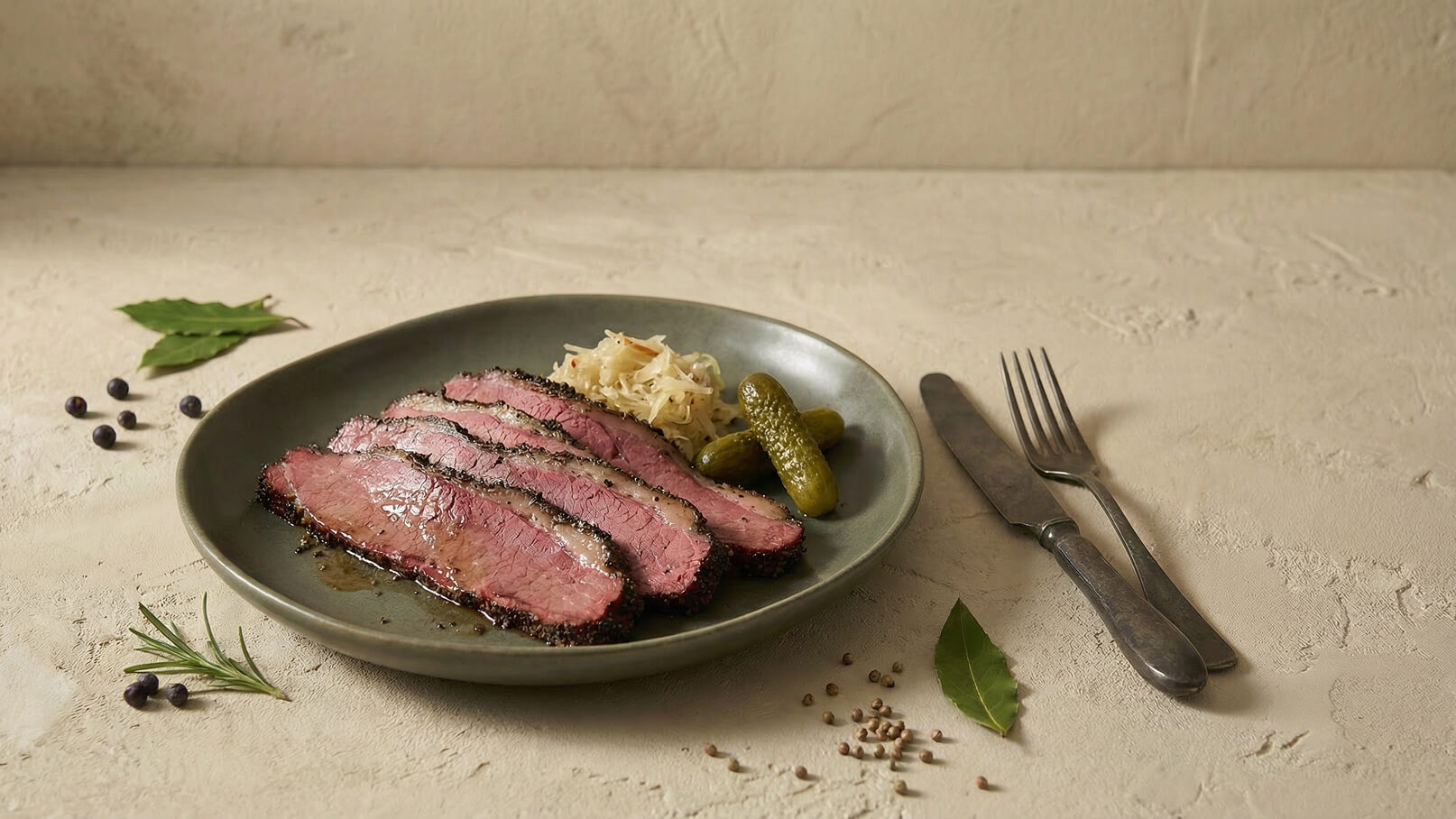Auf einem flachen, grünen Teller liegen fünf Scheiben zartes, rosa Rindfleisch. Daneben befinden sich ein wenig Sauerkraut und drei kleine, grüne Gurken. Im Hintergrund sind ein Messer und eine Gabel auf einer hellen Tischoberfläche platziert.