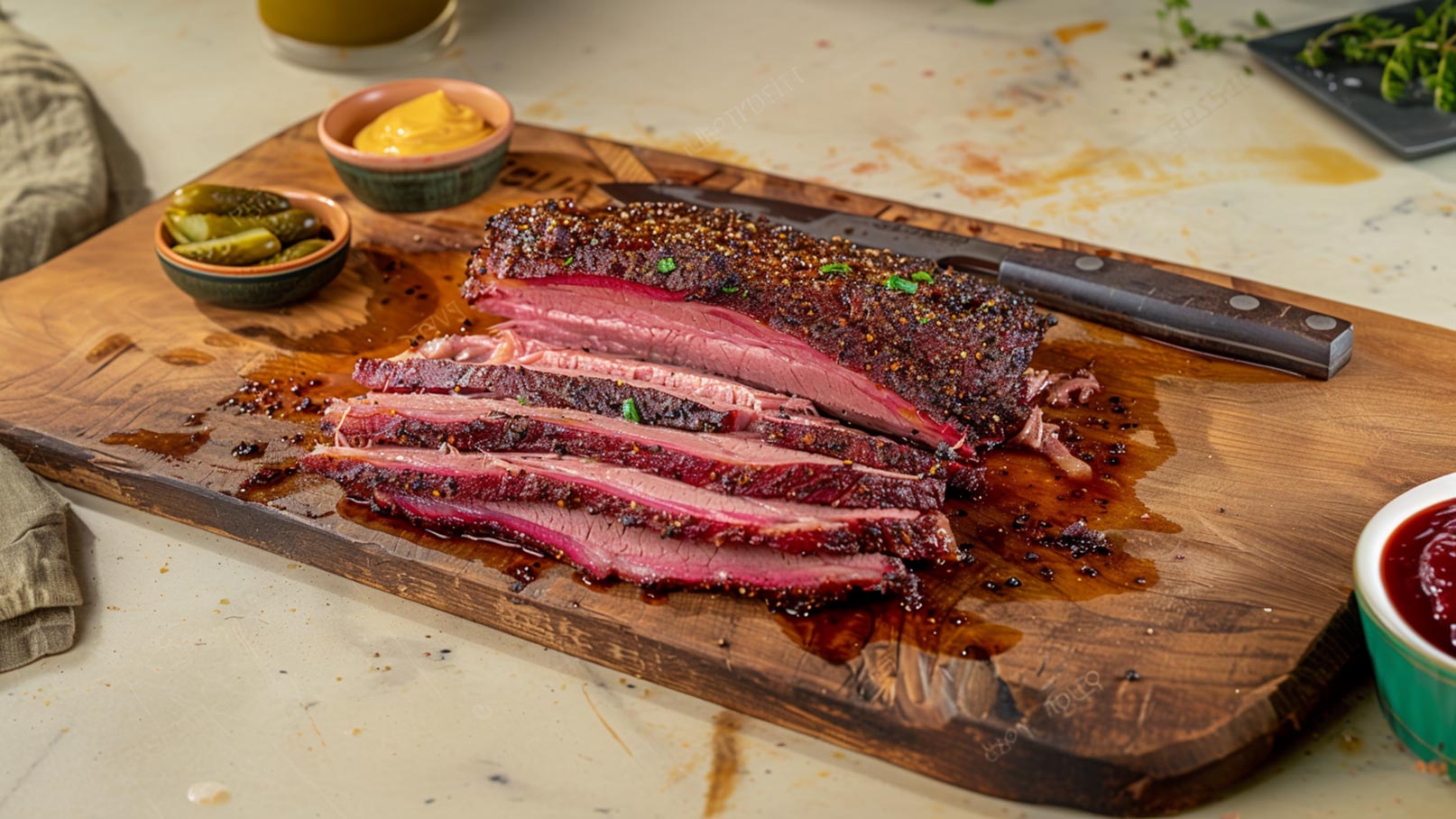 Ein Holzbrett mit einem saftig geschnittenen Brisket, das leicht glasiert ist. Daneben liegen zwei kleine Schalen: eine mit Senf und eine mit Senfgurken. Ein scharfer Küchenmesser steht auf dem Brett. Das Gericht wirkt appetitlich und reichhaltig.