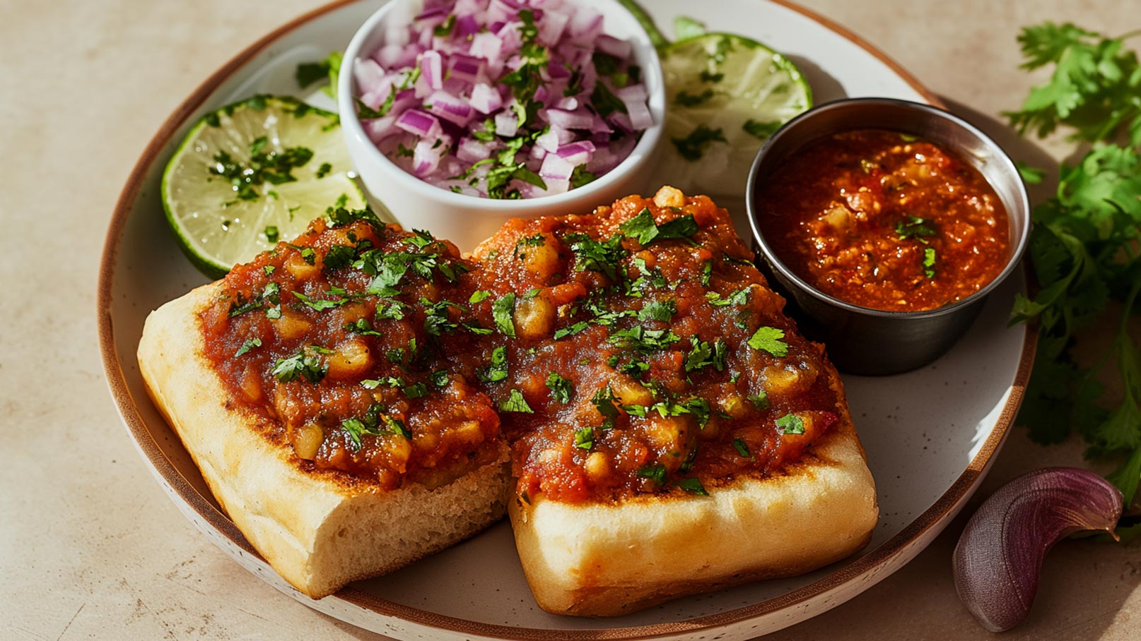 Ein Teller mit zwei aufgeschnittenen Brötchen, belegt mit einer würzigen Tomatensauce und frischem Koriander. Daneben befindet sich eine Schale mit fein gehackten roten Zwiebeln und Limettenscheiben sowie eine kleine Schale mit scharfer Sauce.