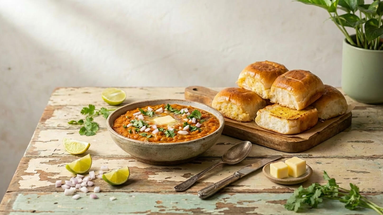 Eine Schüssel mit würzigem, orangem Eintopf, garniert mit Zwiebeln und Koriander, steht auf einem rustikalen Tisch. Daneben liegen Limonenscheiben und frisch gebackenes Brot auf einem Holzbrett. Ein kleiner Teller mit Butter ist ebenfalls sichtbar.