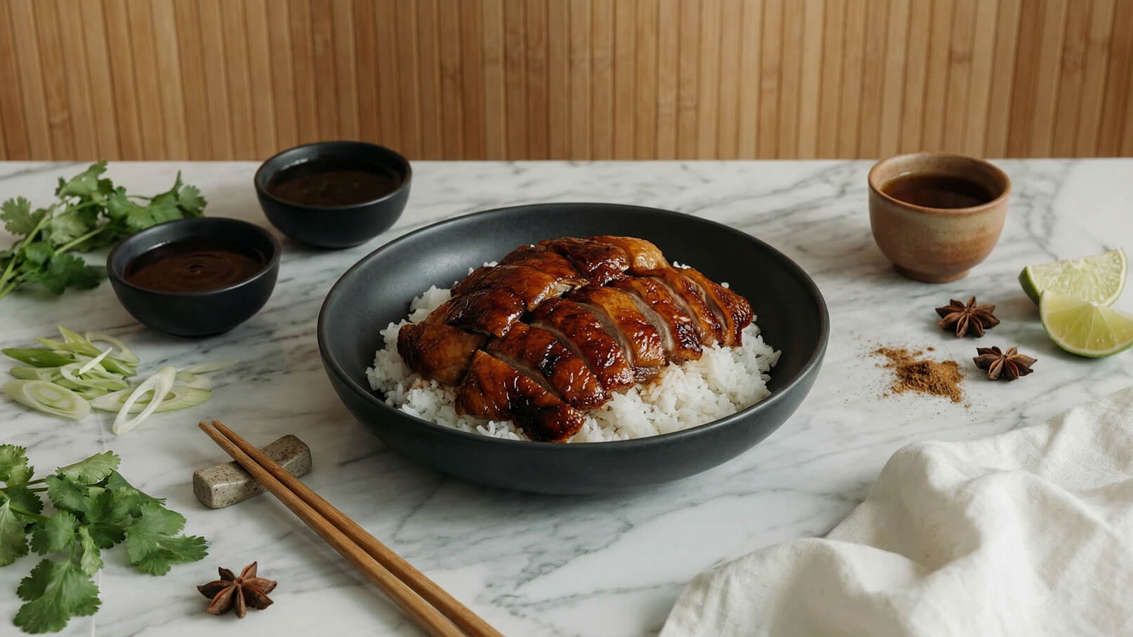 Ein schwarzes Schüsselchen mit gebratenem Hähnchen auf Reis, garniert mit Soße. Daneben liegen frische Korianderblätter, geschnittene Frühlingszwiebeln und Gewürze. Im Hintergrund stehen zwei kleine Schalen mit Dips und eine Tasse. Ein Stück Limette vervollständigt die Anordnung.