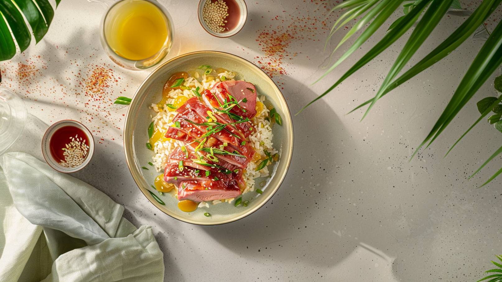 Ein tiefes Teller mit Reis, belegt mit saftigen, gegrillten Fleischstücken und einer bunten Mischung aus gewürfelten Tomaten und frischen Kräutern. Der Gericht ist appetitlich angerichtet und umgeben von grünen Kräutern.