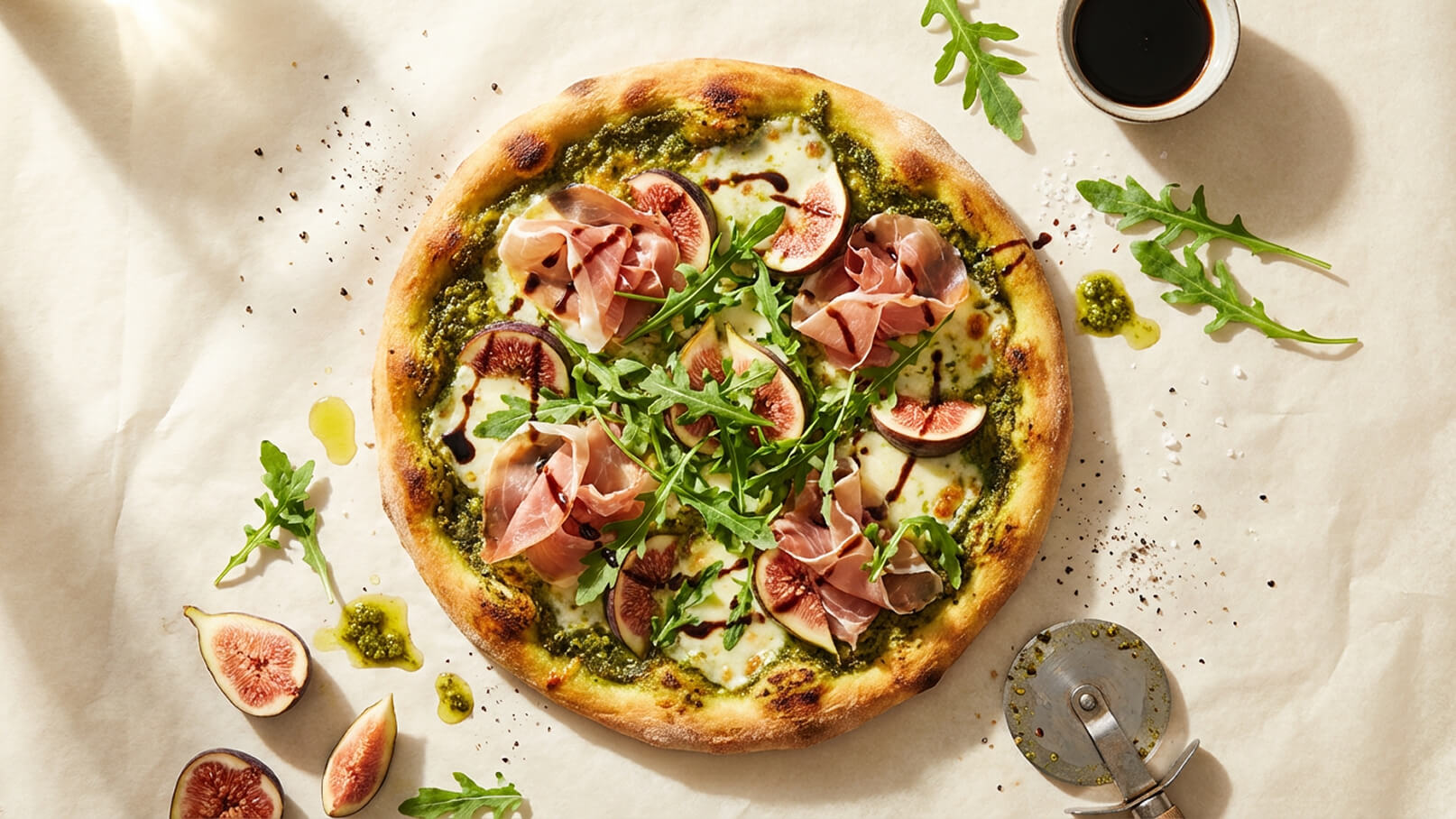 Eine frisch gebackene Pizza mit einem grünen Pesto-Boden, belegt mit Mozzarella, Prosciutto, Feigen und Rucola. Auf der Pizza liegen dekorative Balsamico-Tröpfchen und um sie herum sind einzelne Feigenstücke und etwas Olivenöl verteilt.