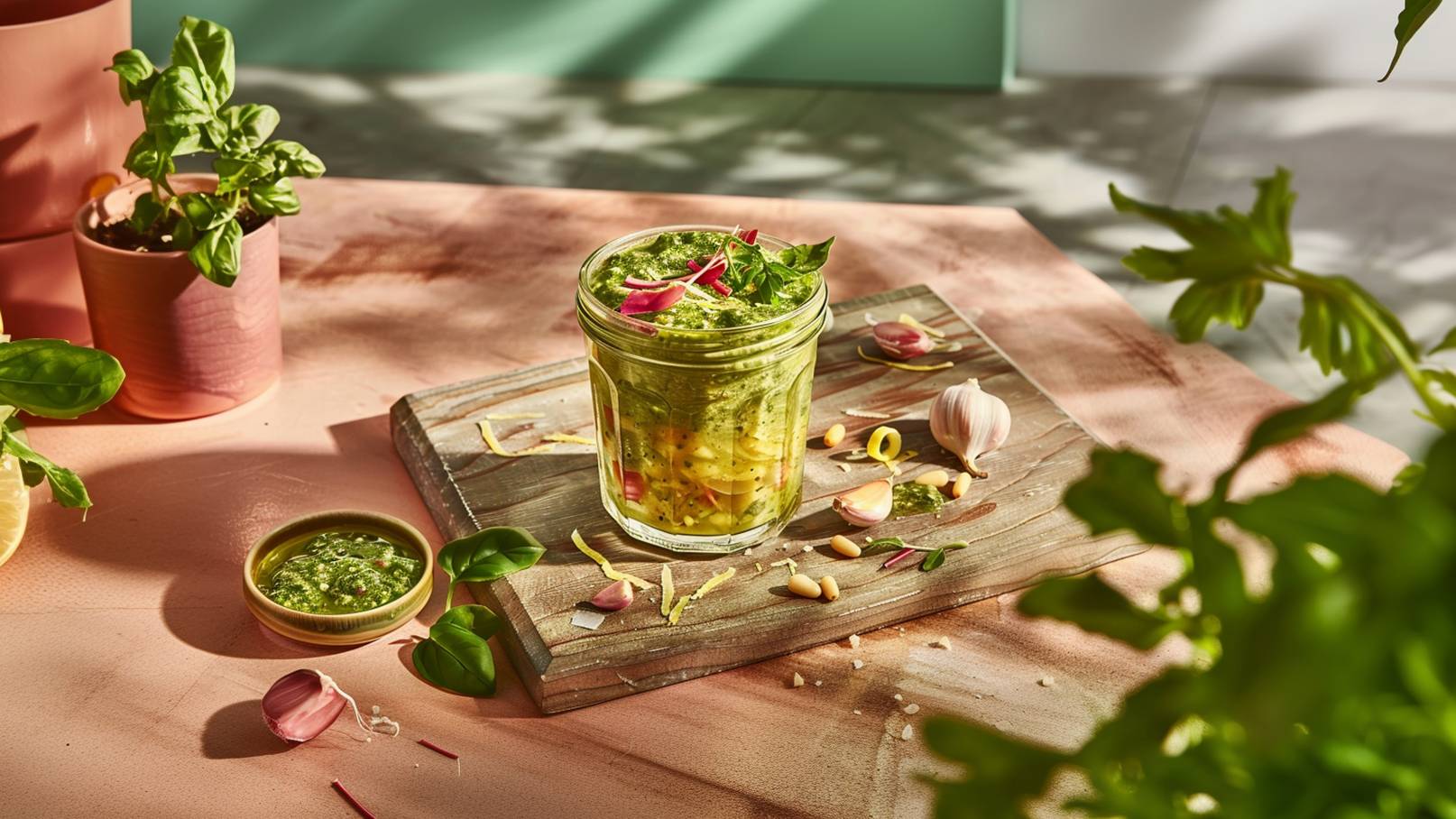 Ein Glas grünes Pesto steht auf einer grauen Arbeitsfläche, umgeben von frischen Karotten, Knoblauchzehen und Kräutern. Die Zutaten verleihen dem Bild eine gesunde, rustikale Atmosphäre und deuten auf eine kulinarische Zubereitung hin.