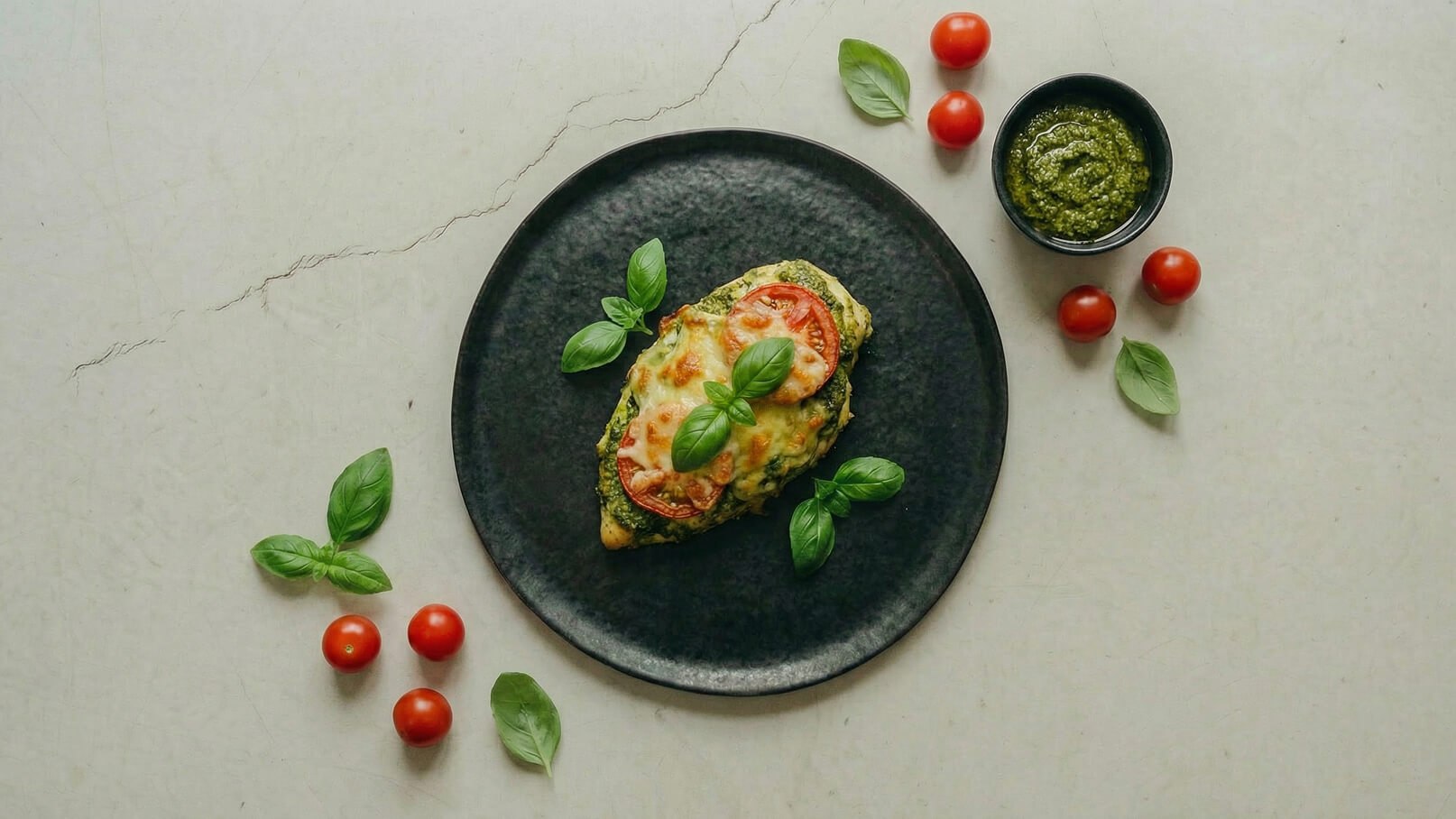 Ein schwarzer Teller mit einer Portion überbackenem Hähnchen, belegt mit Pesto und Tomatenscheiben, garniert mit frischem Basilikum. Neben dem Teller befinden sich einige Kirschtomaten und eine kleine Schale mit grüner Pesto-Sauce.