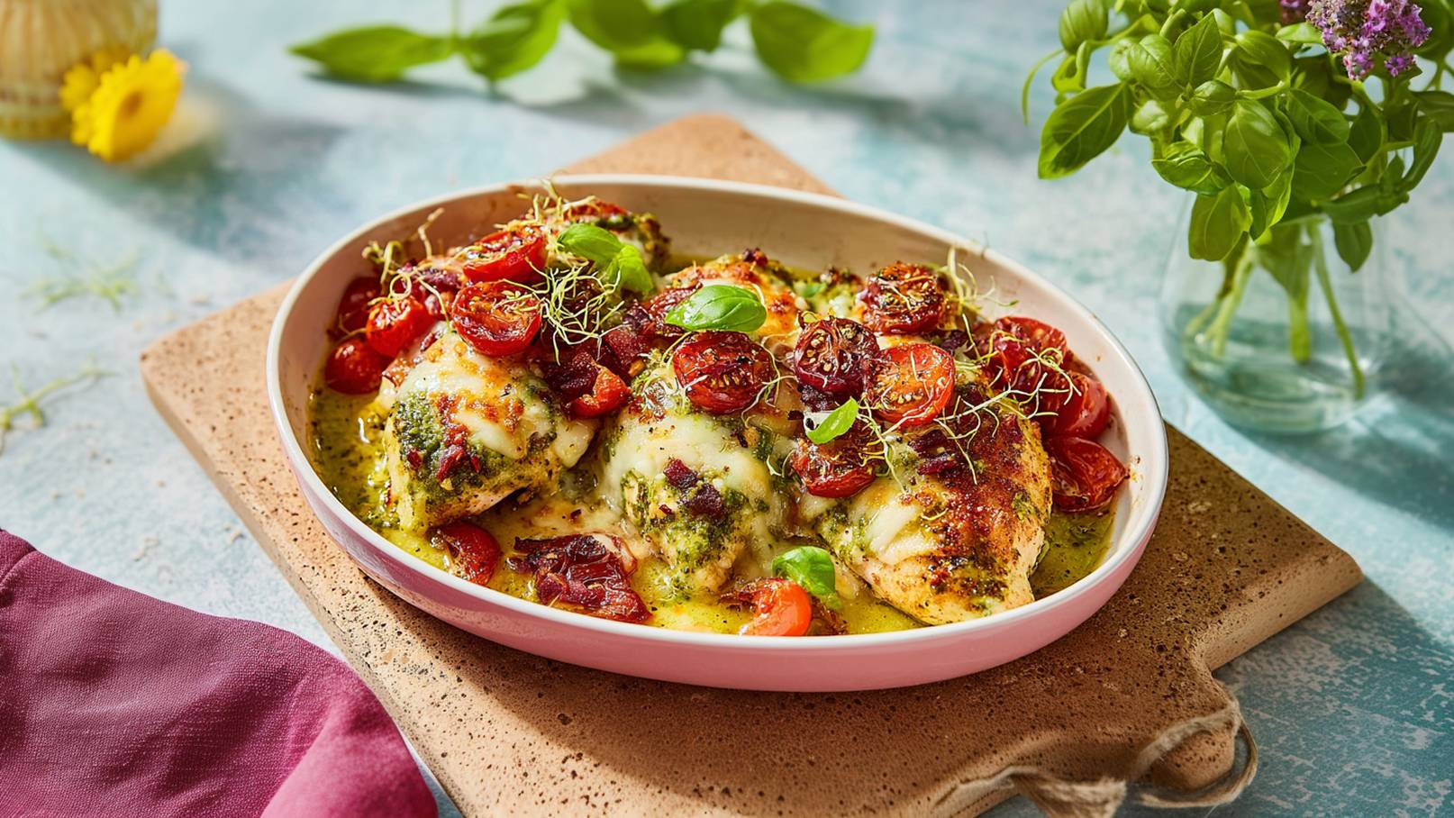 Eine Auflaufform mit gegrilltem Hühnchen, überzogen mit geschmolzenem Käse, umgeben von gerösteten Cherrytomaten und frischen Kräutern. Die Speise liegt auf einem Holzbrett und vermittelt ein appetitliches, farbenfrohes Gericht.