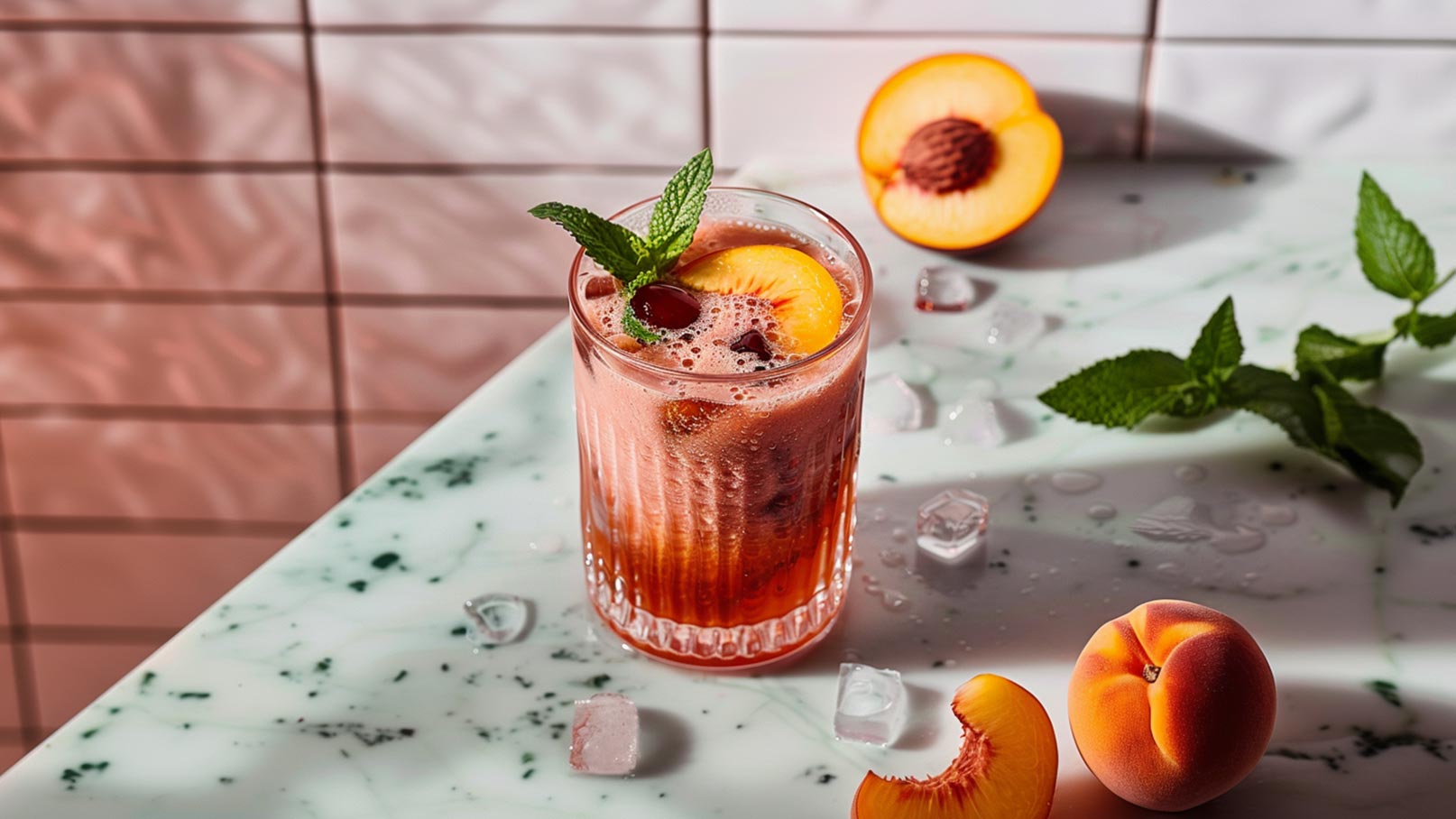 Ein Glas Pfirsichsmoothie steht auf einem Holzbrett. Neben dem Glas liegen ein ganzes Pfirsich und eine halbierte Pfirsichhälfte. Die Oberseite des Glases ist mit Pfirsichscheiben dekoriert. Der Hintergrund ist in einem sanften Blau gehalten.