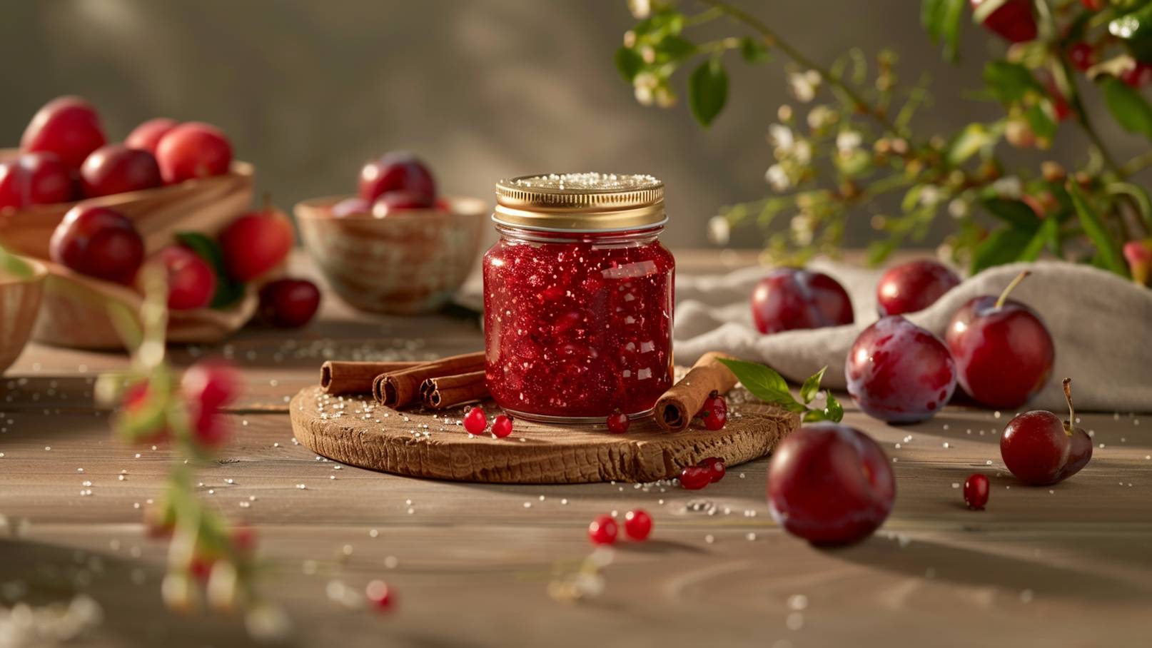 Ein Glas mit dunkler Marmelade steht auf einem grauen Untersetzer. Die Marmelade hat eine dicke, glatte Konsistenz und enthält kleine, sichtbare Stückchen. Neben dem Glas liegt ein kleiner Löffel aus Gold, der ebenfalls mit Marmelade befüllt ist.