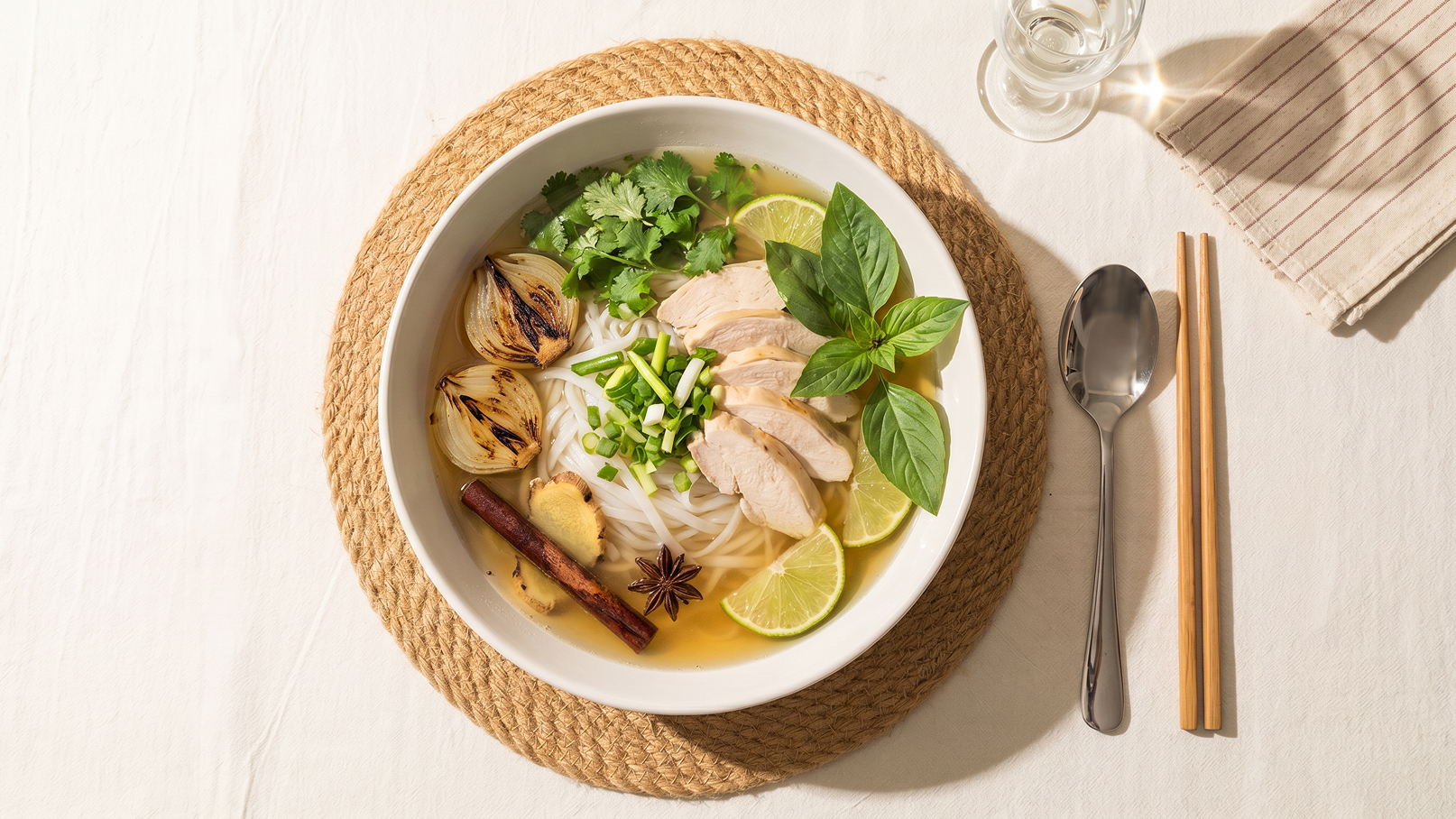 Eine Schüssel mit Reisnudeln, zartem Hühnerfleisch, frischen Kräutern, Limettenscheiben und gegrillten Zwiebeln. Ein Stück Ingwer und Sternanis sind ebenfalls sichtbar. Das Gericht ist auf einem geflochtenen Platzdeckchen arrangiert, umgeben von Essstäbchen und einem Löffel.