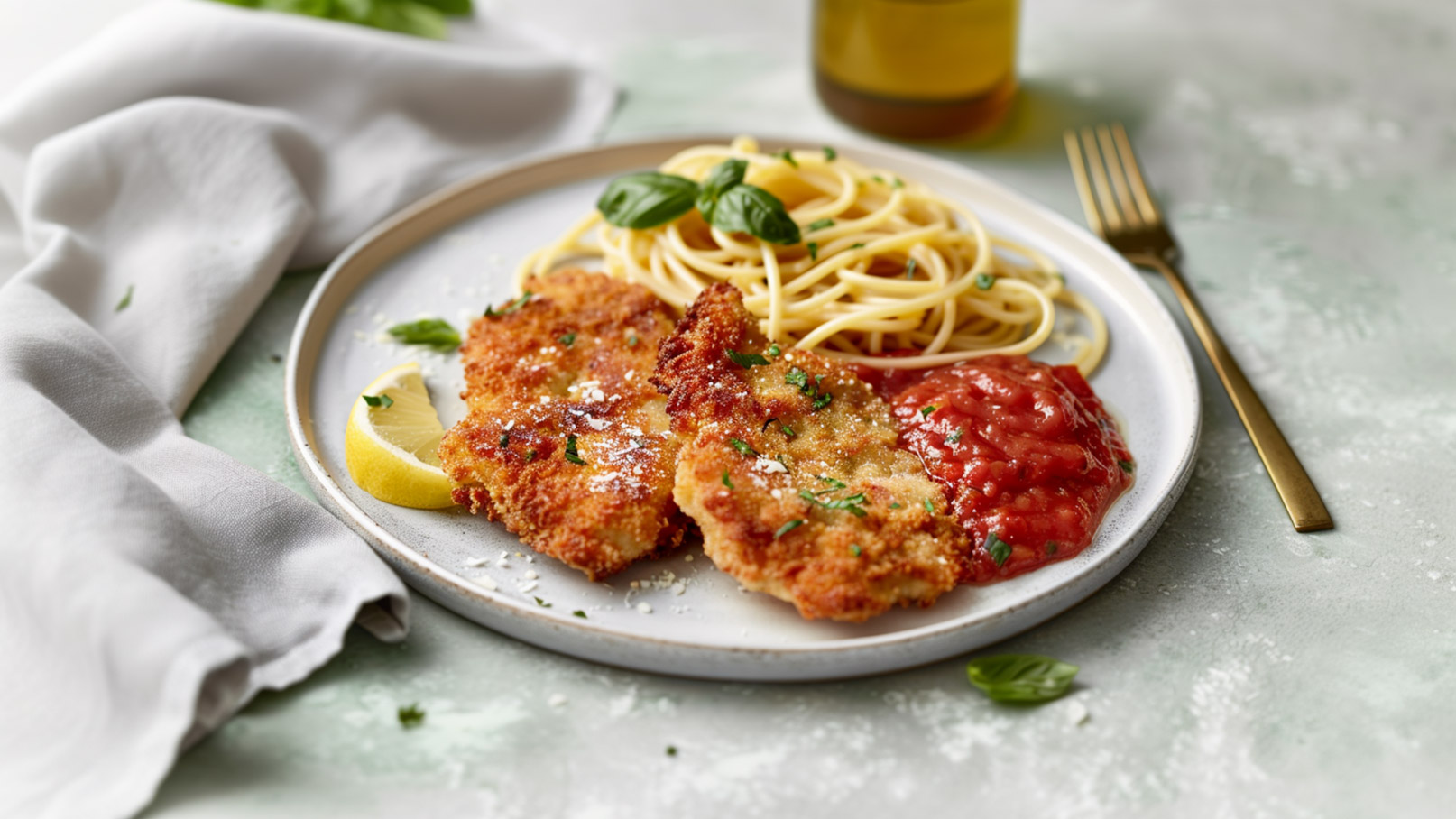 Ein Teller mit zwei panierten Schnitzeln, serviert mit Spaghetti und einer roten Tomatensauce. Neben dem Essen liegt ein Stück Zitrone, und frische Basilikumblätter sind dekorativ verteilt. Ein goldenes Besteckstück ist ebenfalls zu sehen.
