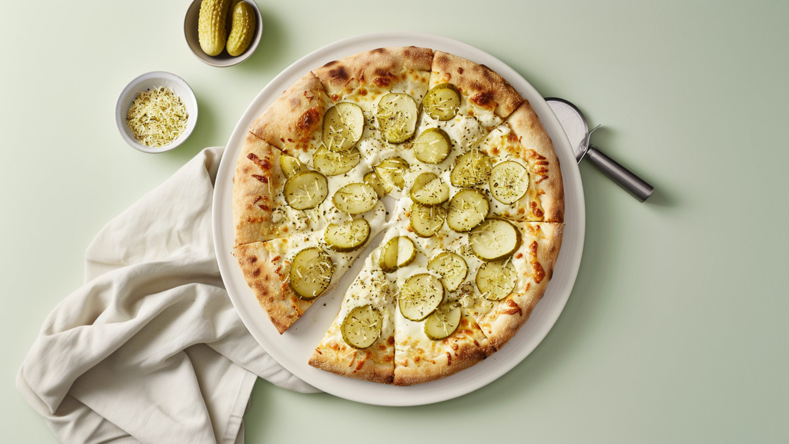 Eine runde Pizza auf einem weißen Teller, belegt mit Käse und vielen Scheiben sauren Gurken. Ein Pizzaschneider liegt neben der Pizza. Im Hintergrund befinden sich eine kleine Schüssel mit geriebenem Käse und ein Schälchen mit ganzen Gurken. Der Untergrund ist hellgrün.