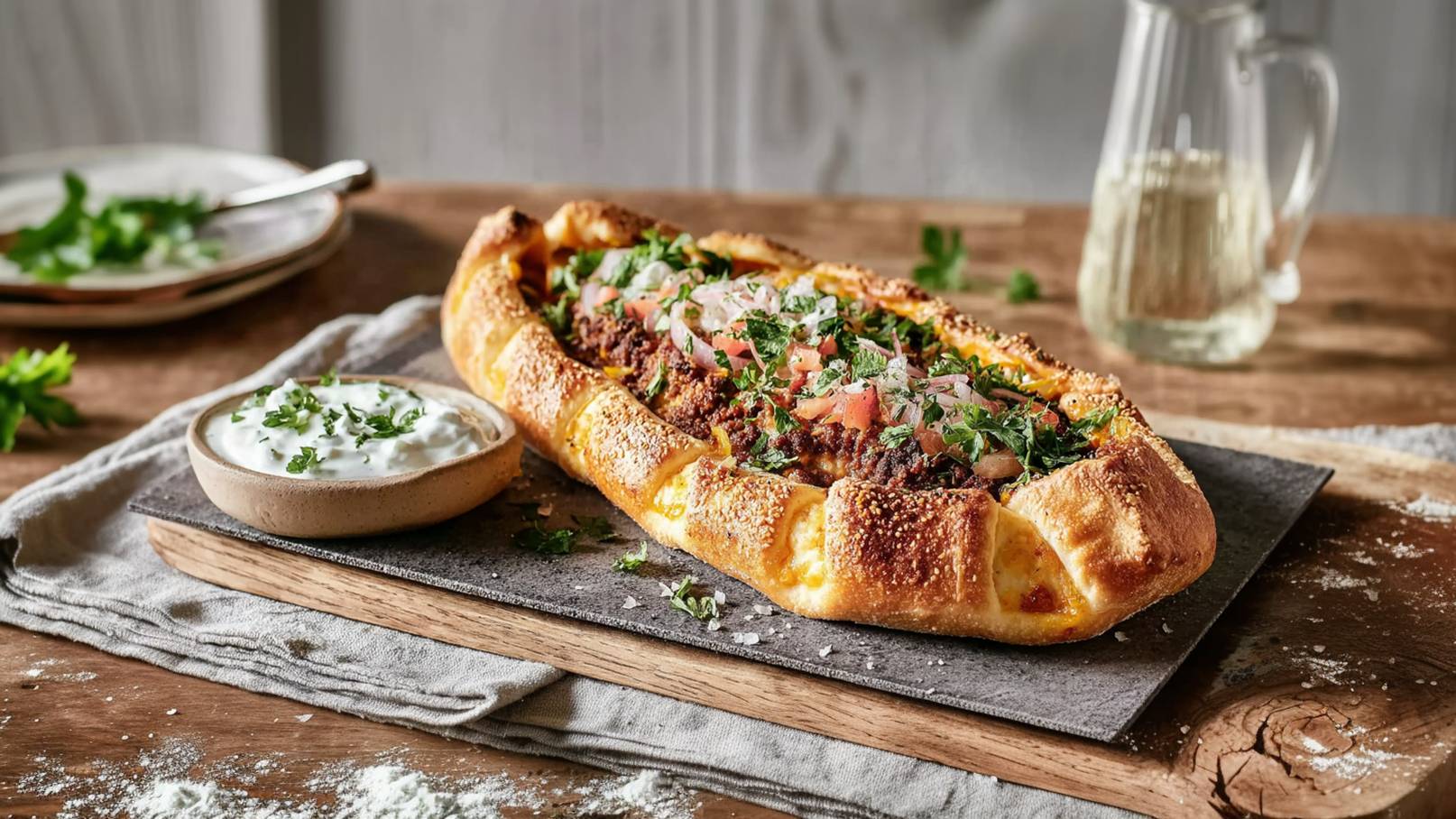 Ein frisch gebackenes Pide, gefüllt mit würziger, brauner Fleischfüllung, liegt auf einem Holzbrett. Neben dem Pide sind frische Zitronenscheiben und einige grüne Basilikumblätter platziert.