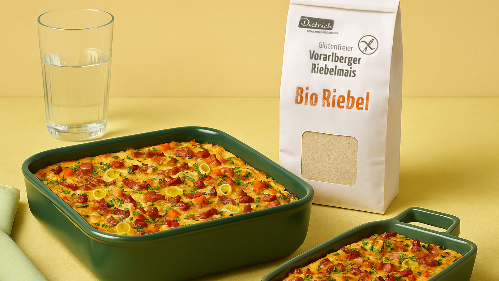 Ein rechteckiges, grünes Backgericht mit goldbraunem Belag, garniert mit Kräutern und kleinen Gemüsestücken. Daneben steht eine Tüte mit der Aufschrift „Bio Riebel“ und einem Glas Wasser. Der Hintergrund ist hellgelb.