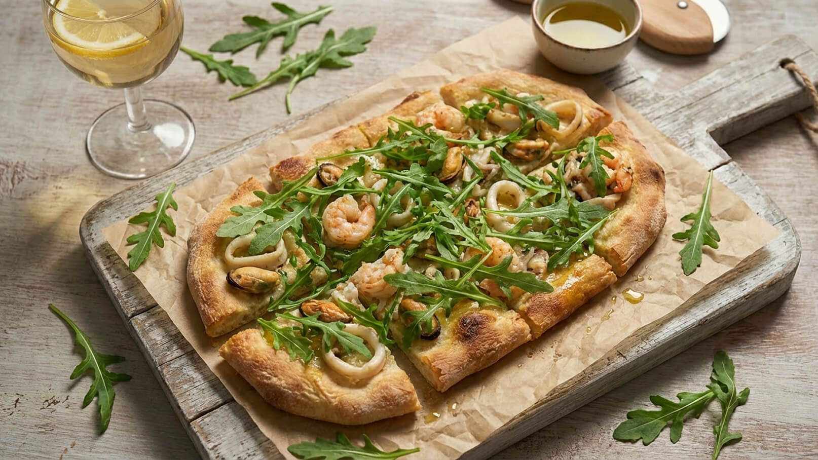 Eine flache Pizza auf einem Holzbrett, belegt mit Meeresfrüchten wie Garnelen und Tintenfischringen, verziert mit frischem Rucola. Neben der Pizza steht ein Glas Weißwein mit einer Zitronenscheibe.