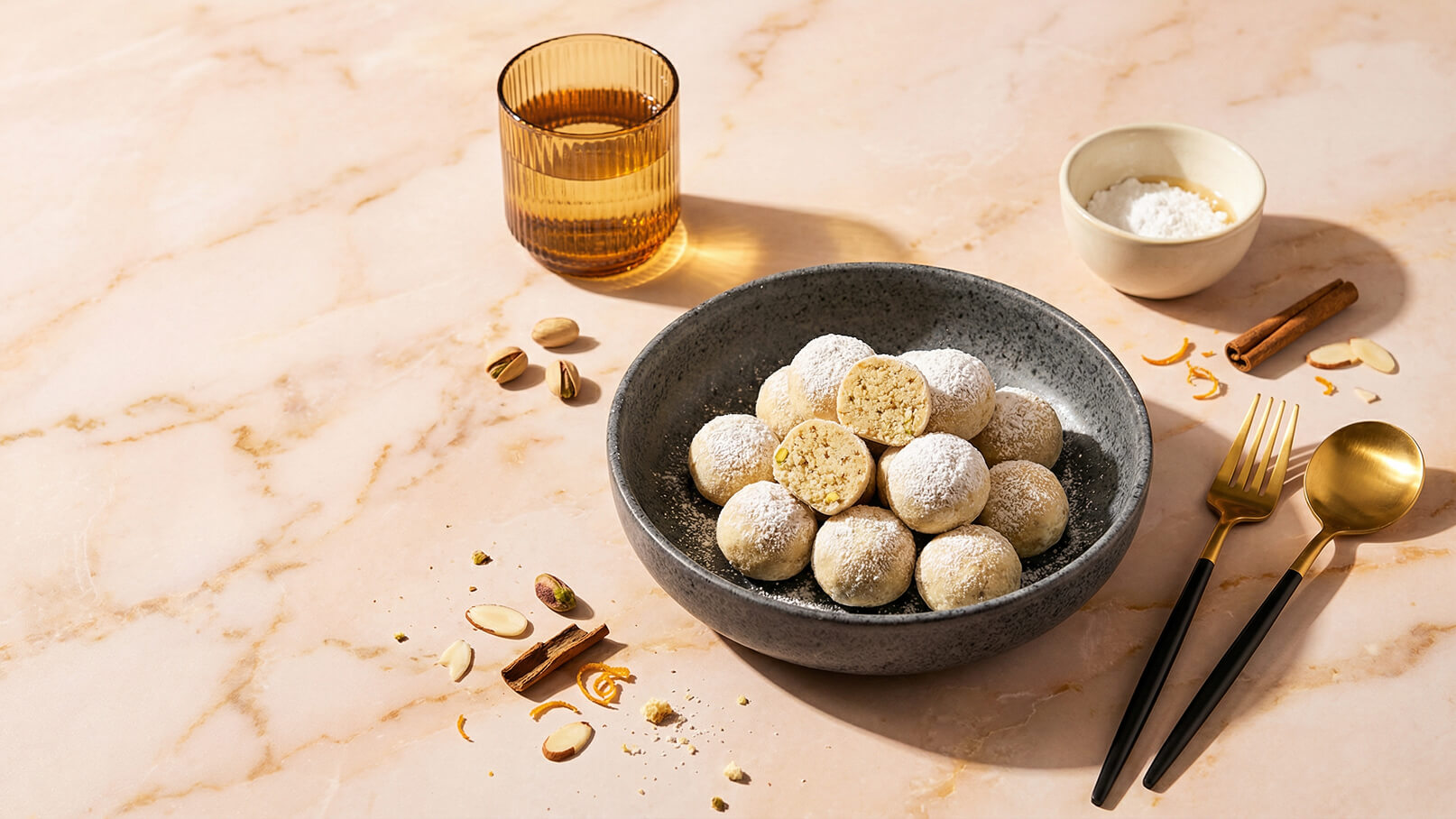 Ein tiefes, schwarzes Schüsselchen mit einer Vielzahl von rundlichen, pudrig weißen Gebäckstücken, halb mit Pistazien gefüllt. Daneben steht ein transparentes Glas mit einem Getränk und kleine Schalen mit Gewürzen. Essbesteck in goldener Farbe liegt in der Nähe.
