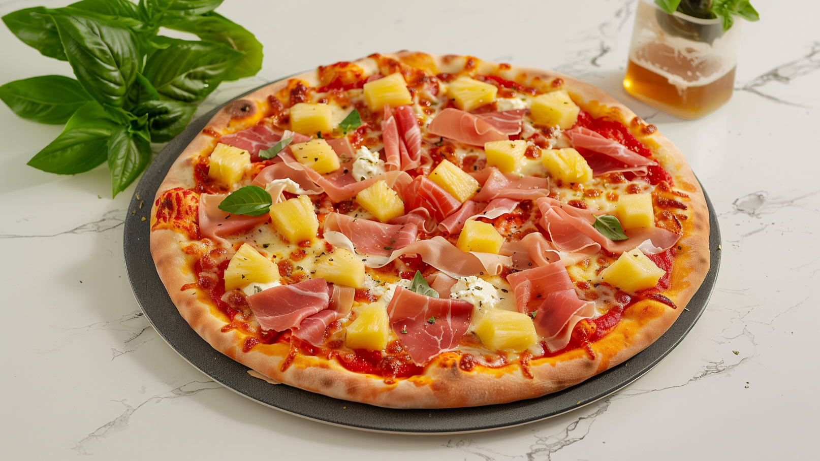 Eine frisch gebackene Pizza mit Tomatensoße, belegt mit Schinken, Ananasstücken und kleinen grünen Basilikumblättern. Der knusprige Rand ist goldbraun, und die Zutaten sind gleichmäßig verteilt.