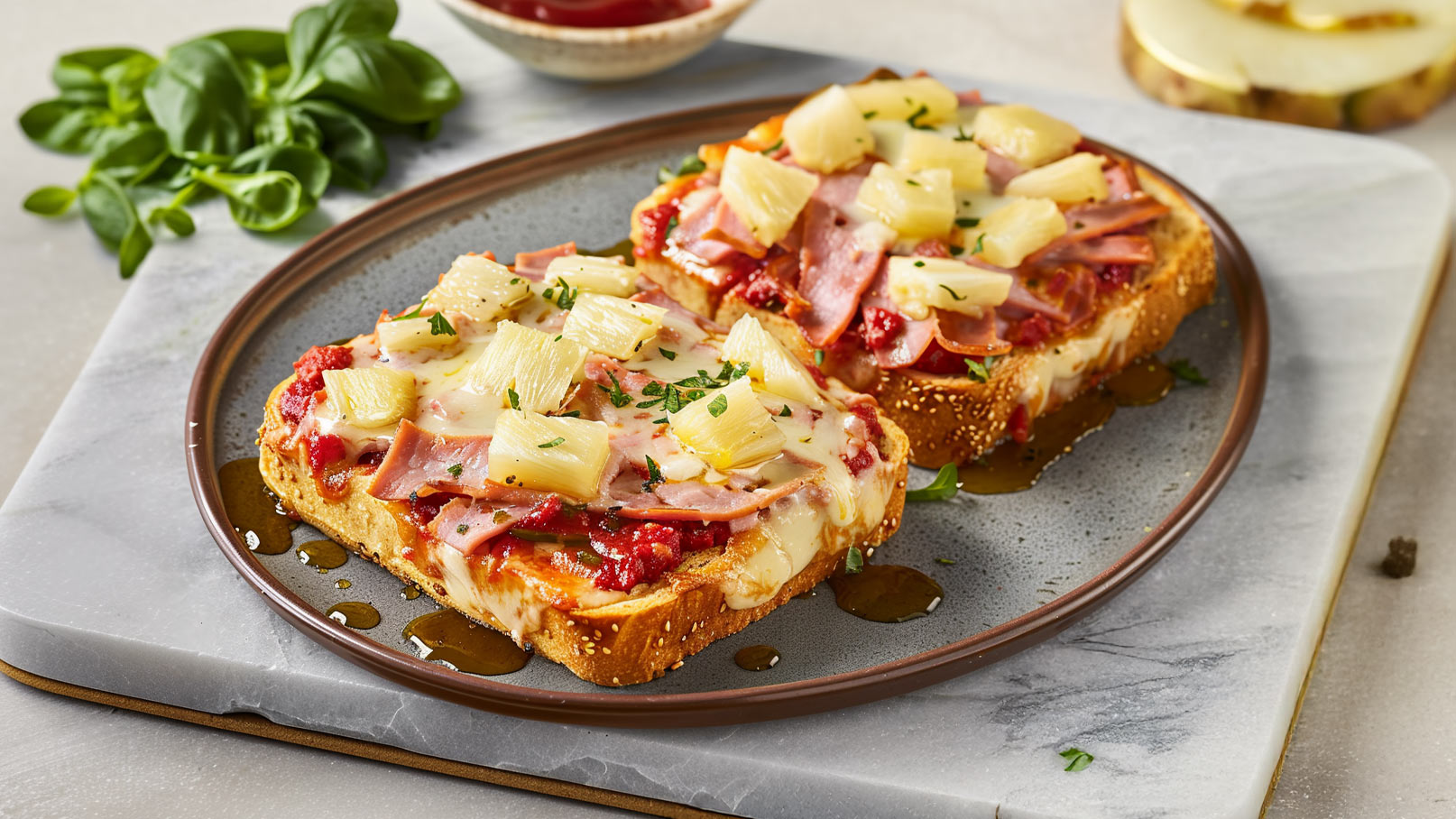 Ein Teller mit belegtem Brot, überbacken mit geschmolzenem Käse, Schinken und Ananasstücken. Das Gericht ist mit Kräutern bestreut und zeigt eine appetitliche Mischung aus Tomatensauce und Belägen. Im Hintergrund liegen frische Tomaten.