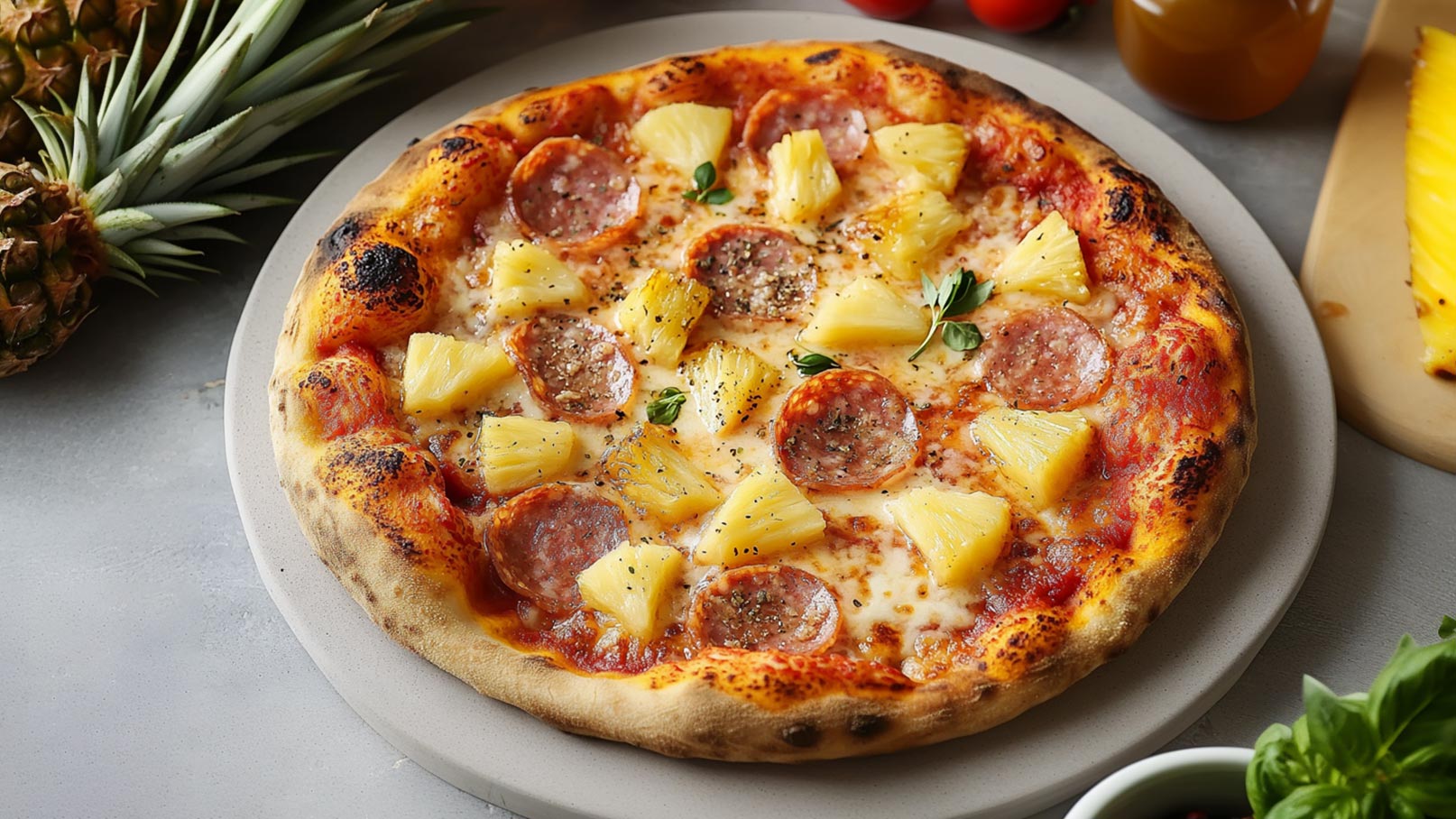 Eine frisch gebackene Pizza mit knusprigem Rand, belegt mit Tomatensauce, Käse, Salami und Ananasstücken, verziert mit frischen Kräutern. Die Pizza liegt auf einem runden Teller, umgeben von frischen Zutaten wie Ananas und Tomaten.