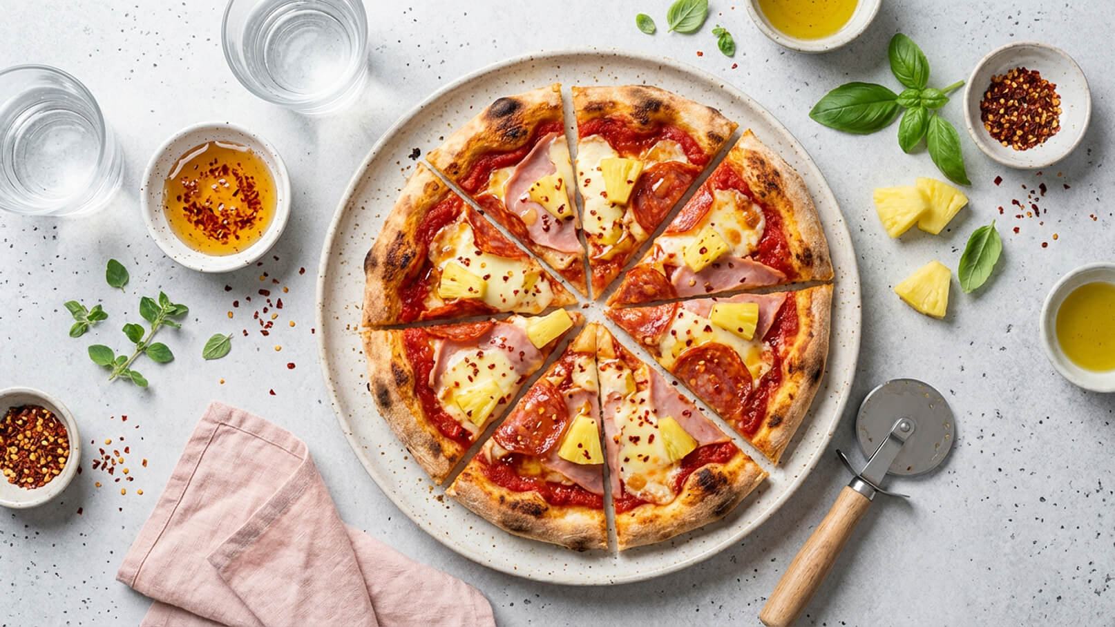 Eine frisch gebackene Pizza ist in acht Stücke geschnitten, belegt mit Käse, Salami, Schinken und Ananas. Um die Pizza herum liegen Gewürze, frische Basilikumblätter und kleine Schalen mit Öl und Chili-Flocken. Der Hintergrund ist hell und glatt.