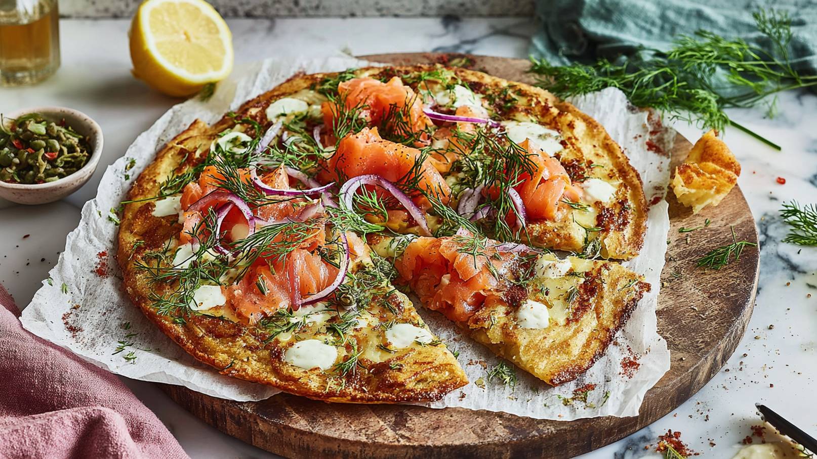 Eine frisch gebackene Pizza auf einem Holzbrett, belegt mit Lachs, Kirschtomaten und Kapern. Der Käse ist geschmolzen und leicht goldbraun. Um die Pizza herum liegen einige Kräuter und Knoblauchzehen. Der Hintergrund zeigt ein kariertes Tuch und einige Kirschtomaten.