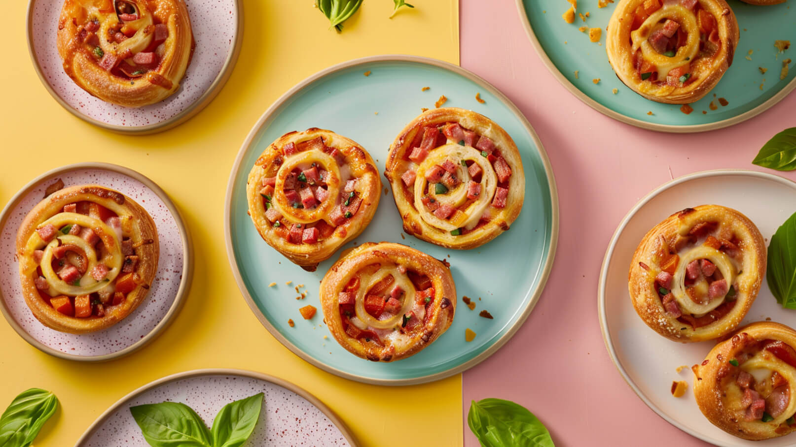 Auf dem Bild sind mehrere appetitliche, spiralige Teiggebäcke zu sehen, gefüllt mit Schinken, Gemüse und Käse. Die Backwaren sind hübsch angerichtet auf verschiedenen Tellern in lebhaften Farben. Frische Basilikumblätter ergänzen die Präsentation.