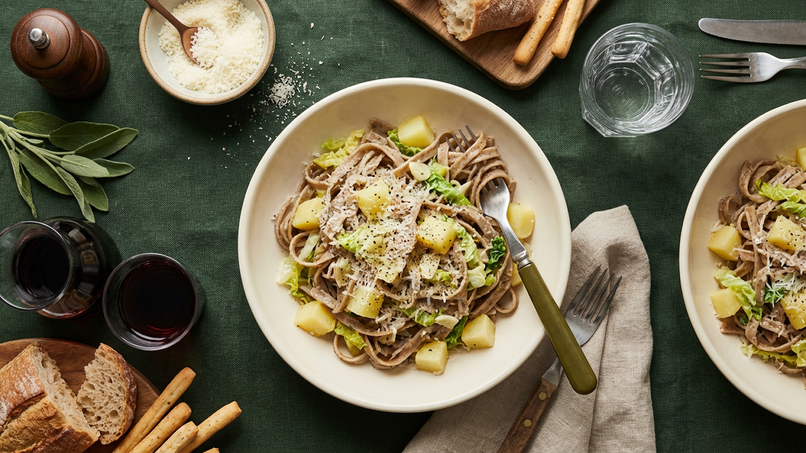 Ein Teller mit Vollkornpasta, garniert mit Salat, Kartoffeln und geriebenem Käse. Im Hintergrund befinden sich zwei Gläser Rotwein und ein Holzbrett mit Brot und Knabberstangen. Der Tisch ist mit einem grünen Tuch gedeckt.