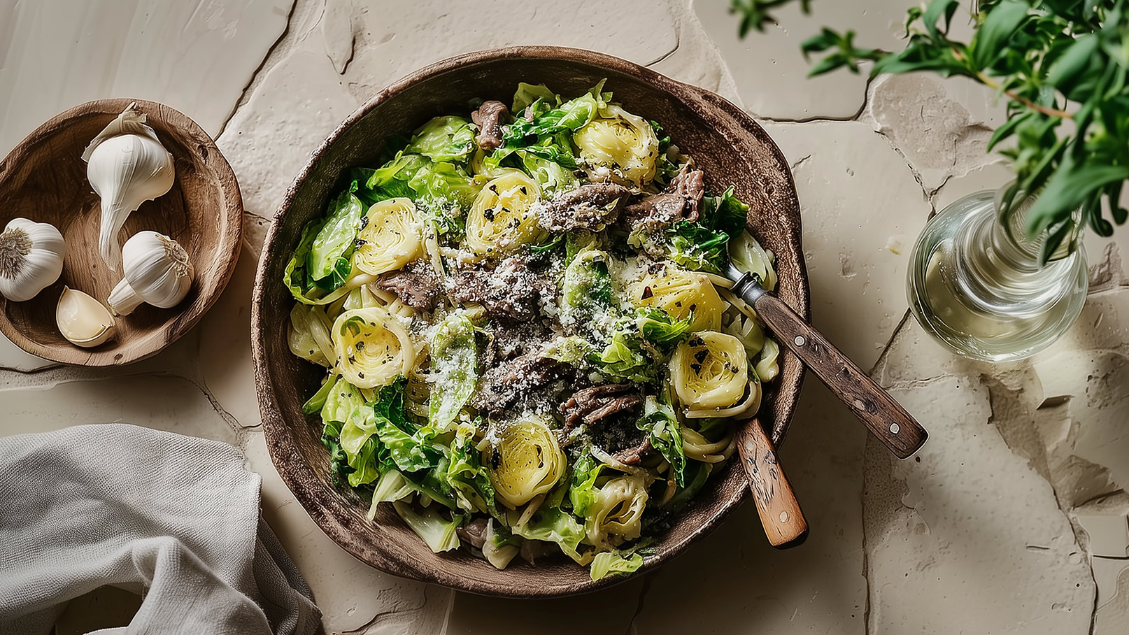 Eine Holzschüssel enthält eine Mischung aus frischen Bandnudeln, zarten Blättern von grünem Salat und Stückchen von Fleisch, die mit geriebenem Käse und schwarzem Pfeffer bestreut sind. Im Hintergrund sind Knoblauchzehen und ein Glas mit Pflanzenanordnung sichtbar.