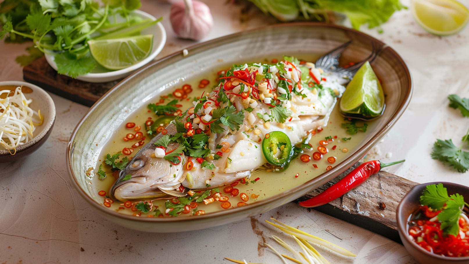 Ein ganzer Fisch liegt auf einem ovalen Teller, garniert mit frischen Kräutern, Chili, Knoblauch und Limettenscheiben. Daneben befinden sich Schalen mit Sprossen und einer würzigen Soße. Die Szene vermittelt ein ansprechendes und schmackhaftes Gericht.