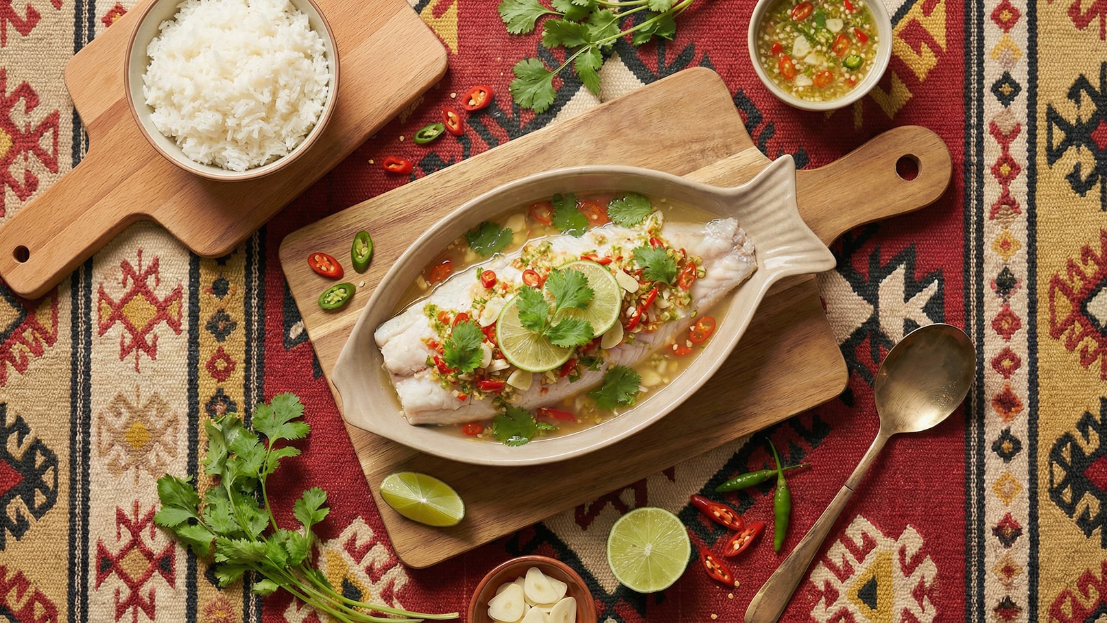 Ein Tisch mit einer großen, weißen Fischplatte, garniert mit frischem Koriander, Limettenscheiben und roten Chilischoten. Nebenbei befindet sich eine Schüssel mit Reis und eine weitere mit einer würzigen Sauce. Der Untergrund ist ein dekorativer Teppich mit geometrischem Muster.